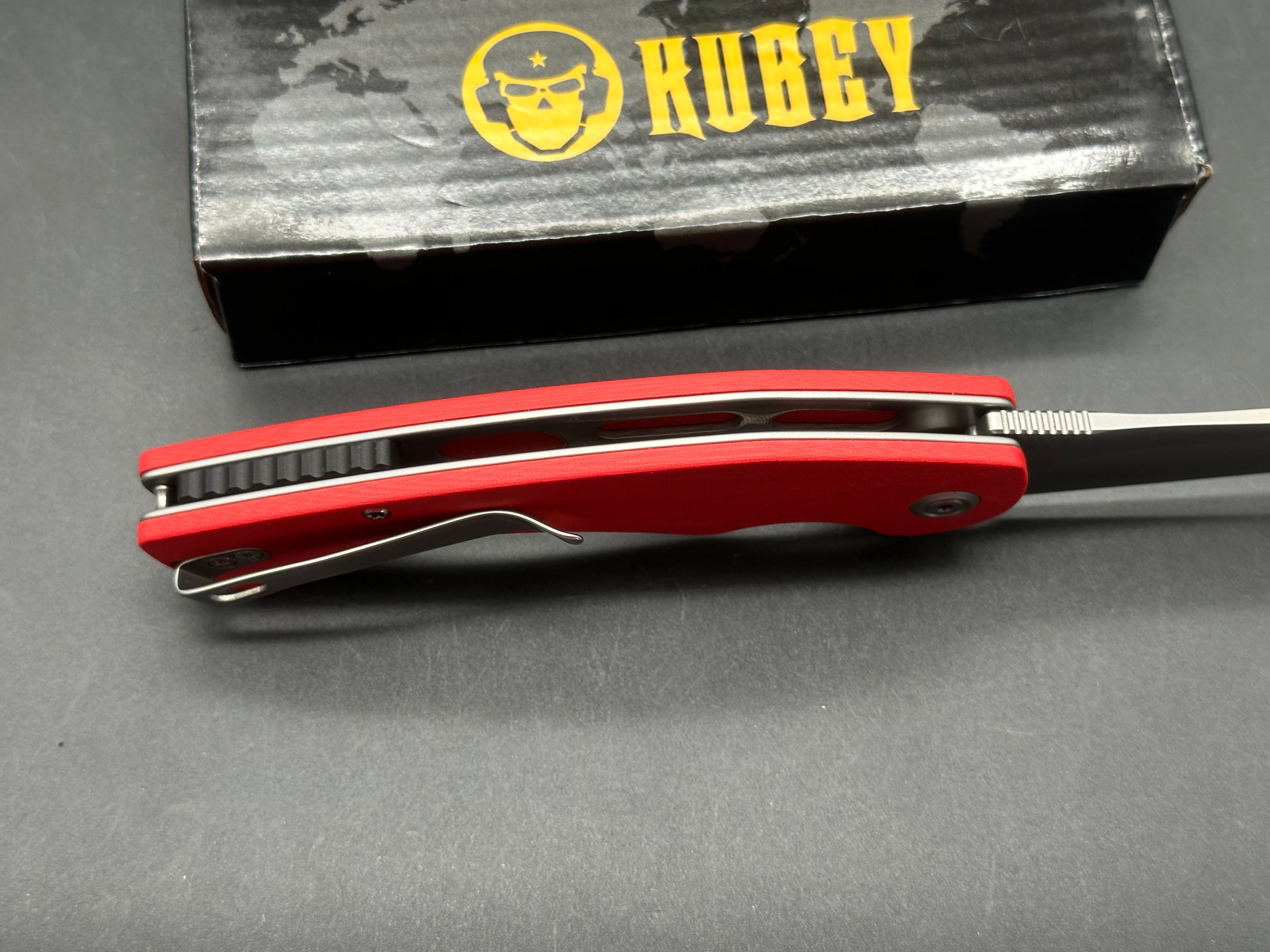 KUBEY SCIMITAR FOLDING KNIFE RED G10 HANDLE 14C28N TANTO PLAIN EDGE