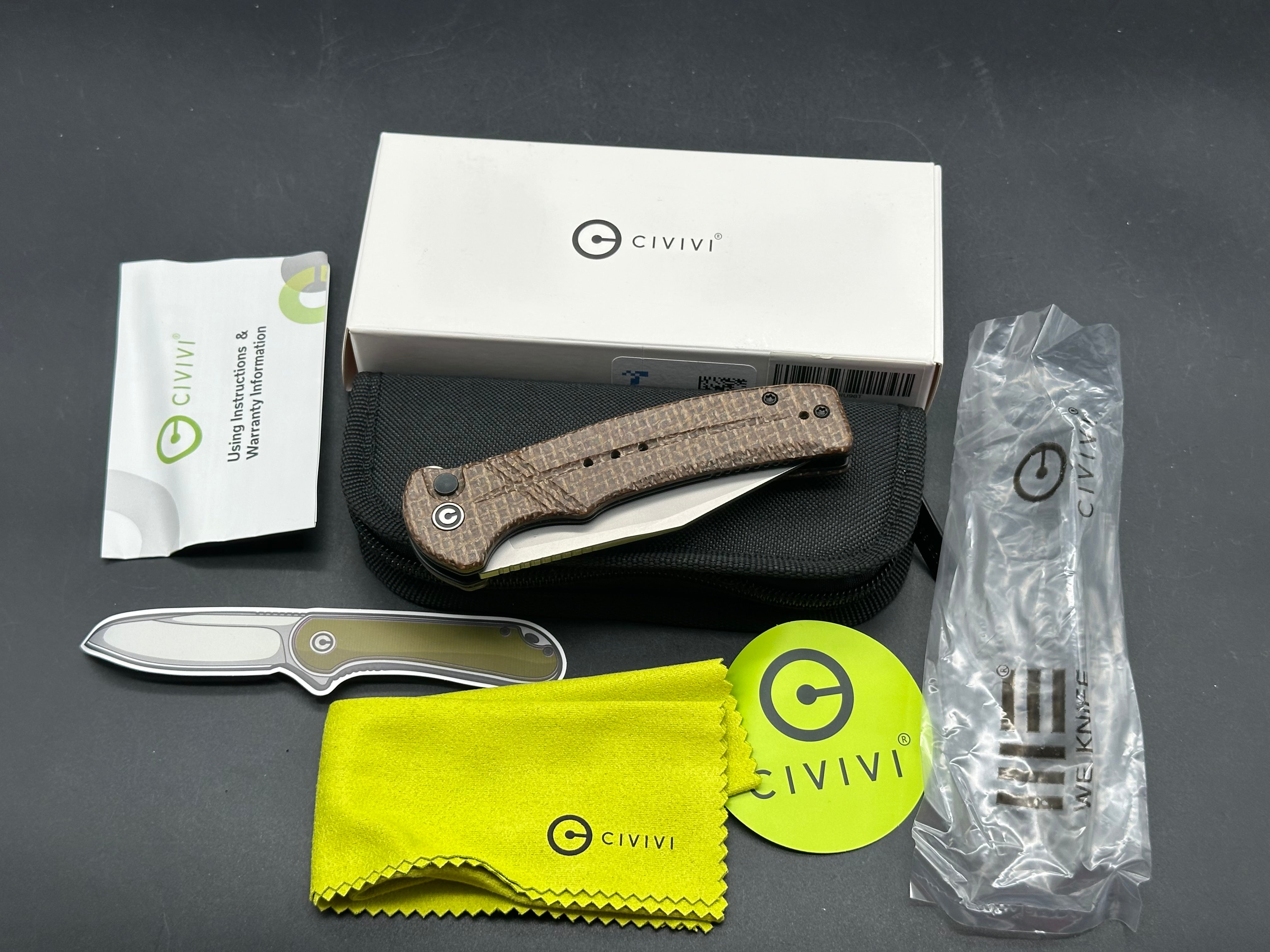 CIVIVI COGENT FOLDING KNIFE BROWN MICARTA HANDLE 14C28N CLIP POINT PLAIN EDGE SILVER BEAD BLAST FINISH