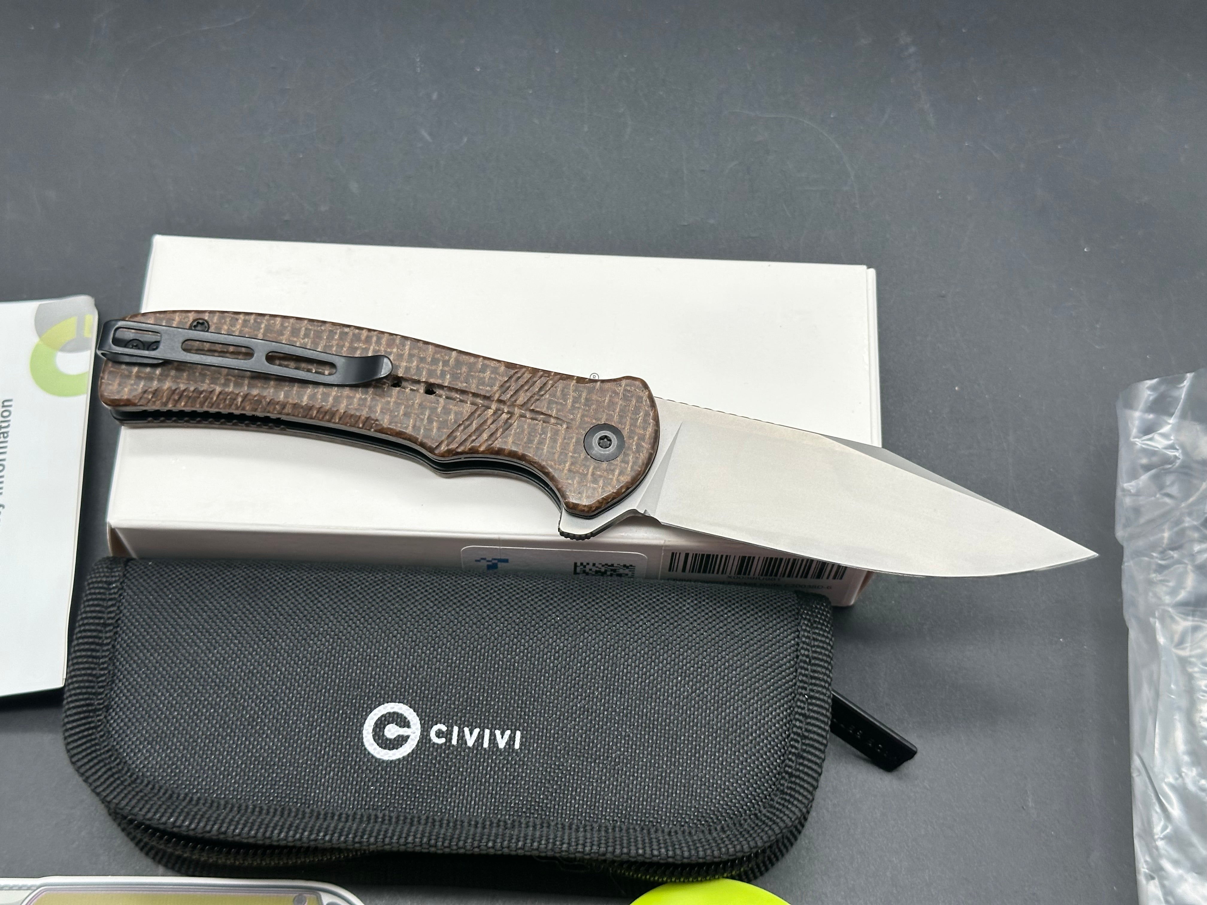 CIVIVI COGENT FOLDING KNIFE BROWN MICARTA HANDLE 14C28N CLIP POINT PLAIN EDGE SILVER BEAD BLAST FINISH