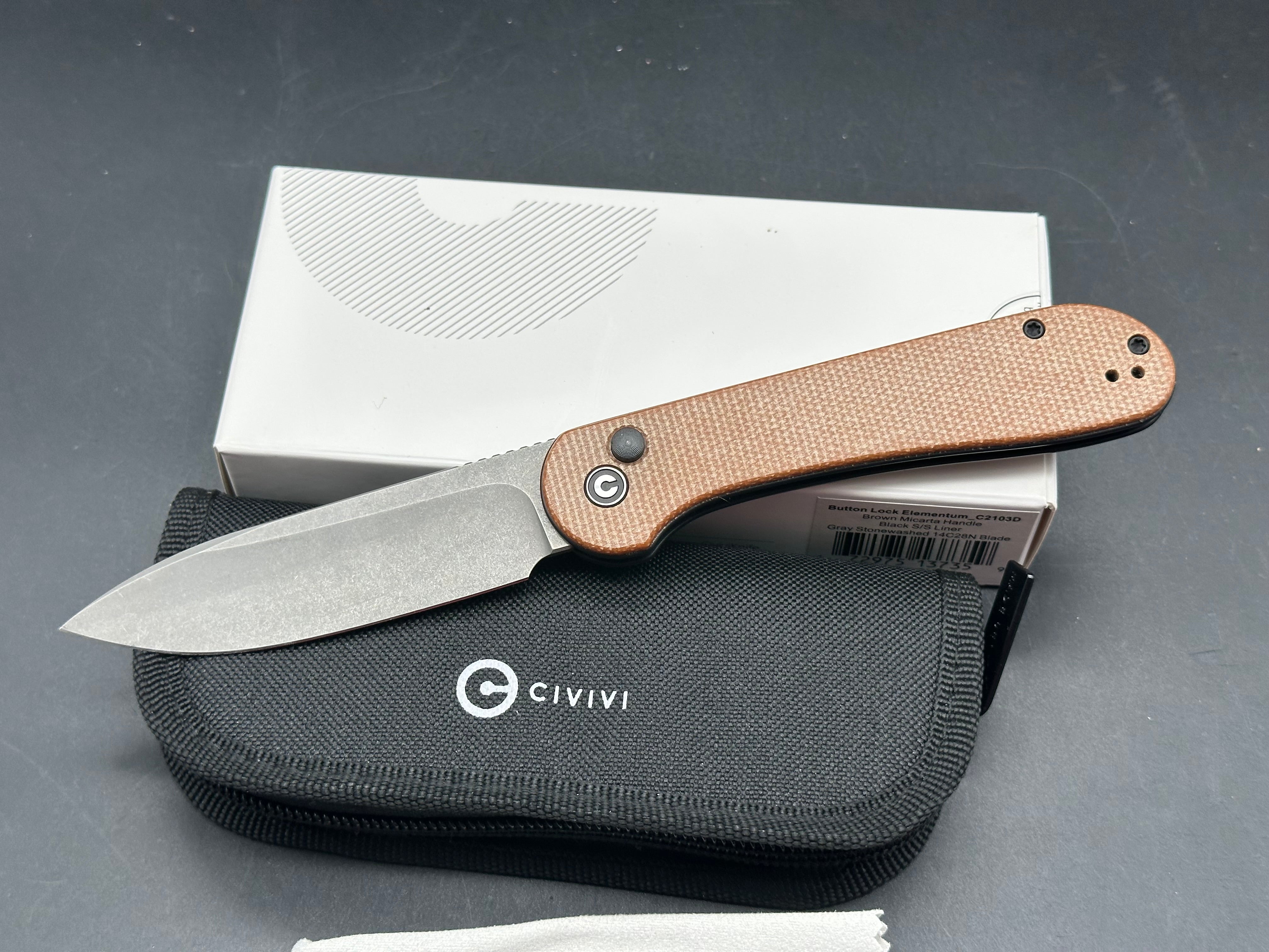 Civivi Elementum button lock brown micarta scales 14c28n blade