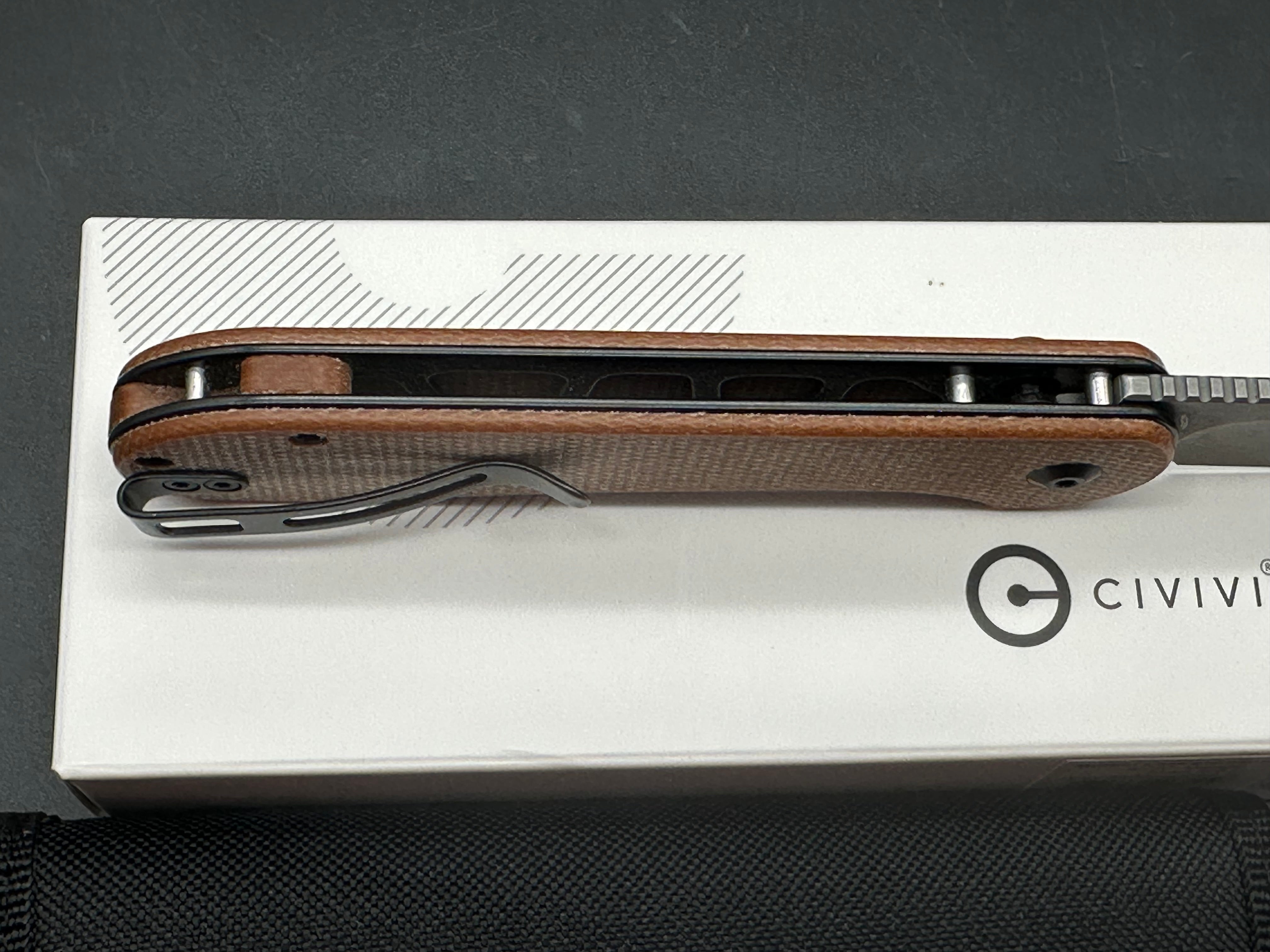 Civivi Elementum button lock brown micarta scales 14c28n blade