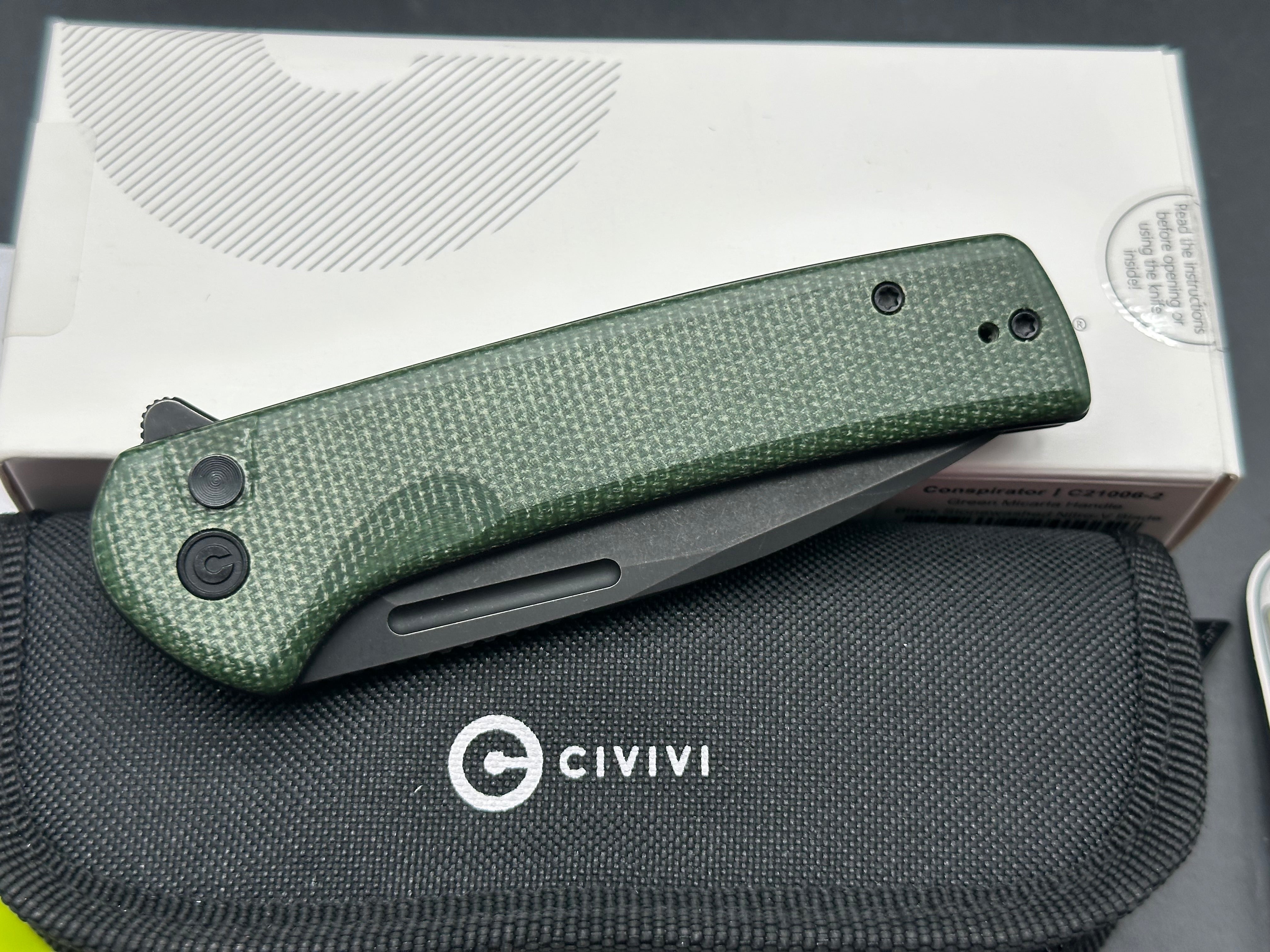 CIVIVI CONSPIRATOR FOLDING KNIFE GREEN MICARTA HANDLE NITRO-V PLAIN EDGE BLACK STONEWASH FINISH