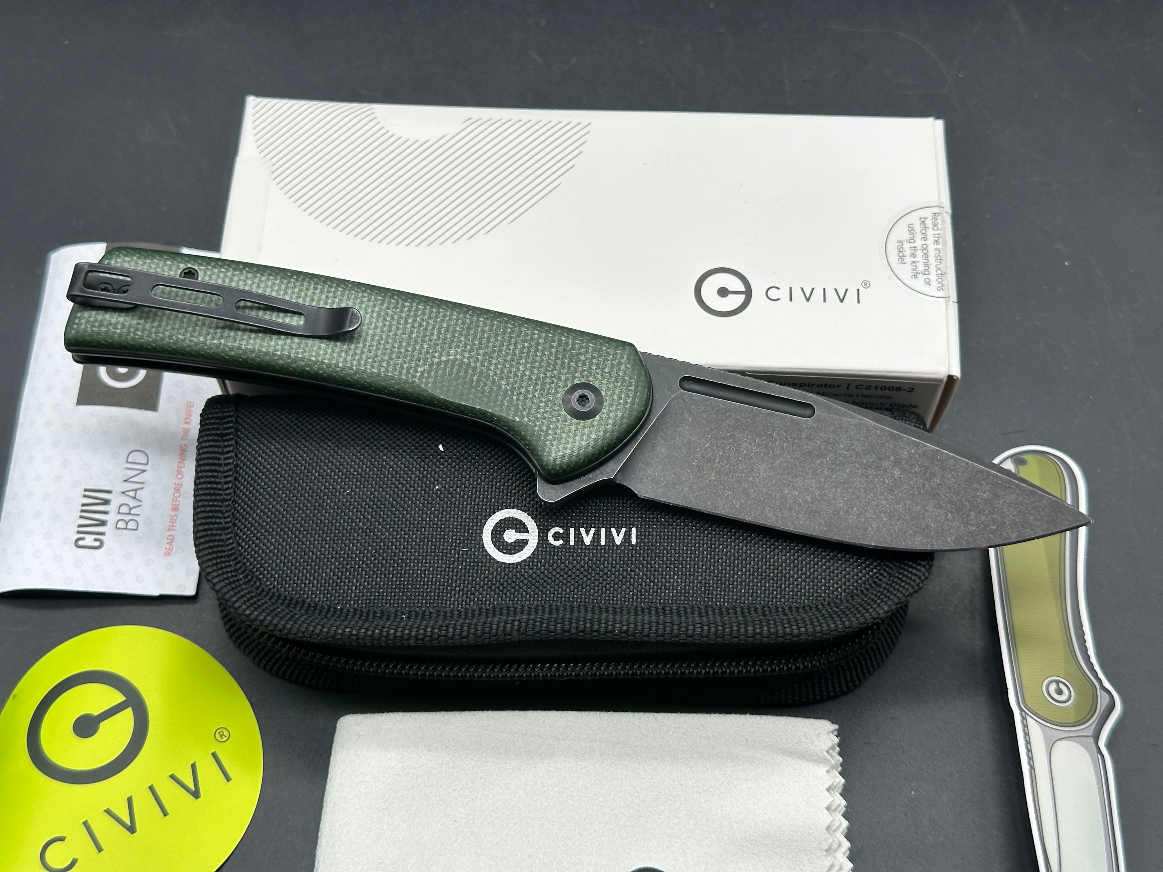 CIVIVI CONSPIRATOR FOLDING KNIFE GREEN MICARTA HANDLE NITRO-V PLAIN EDGE BLACK STONEWASH FINISH