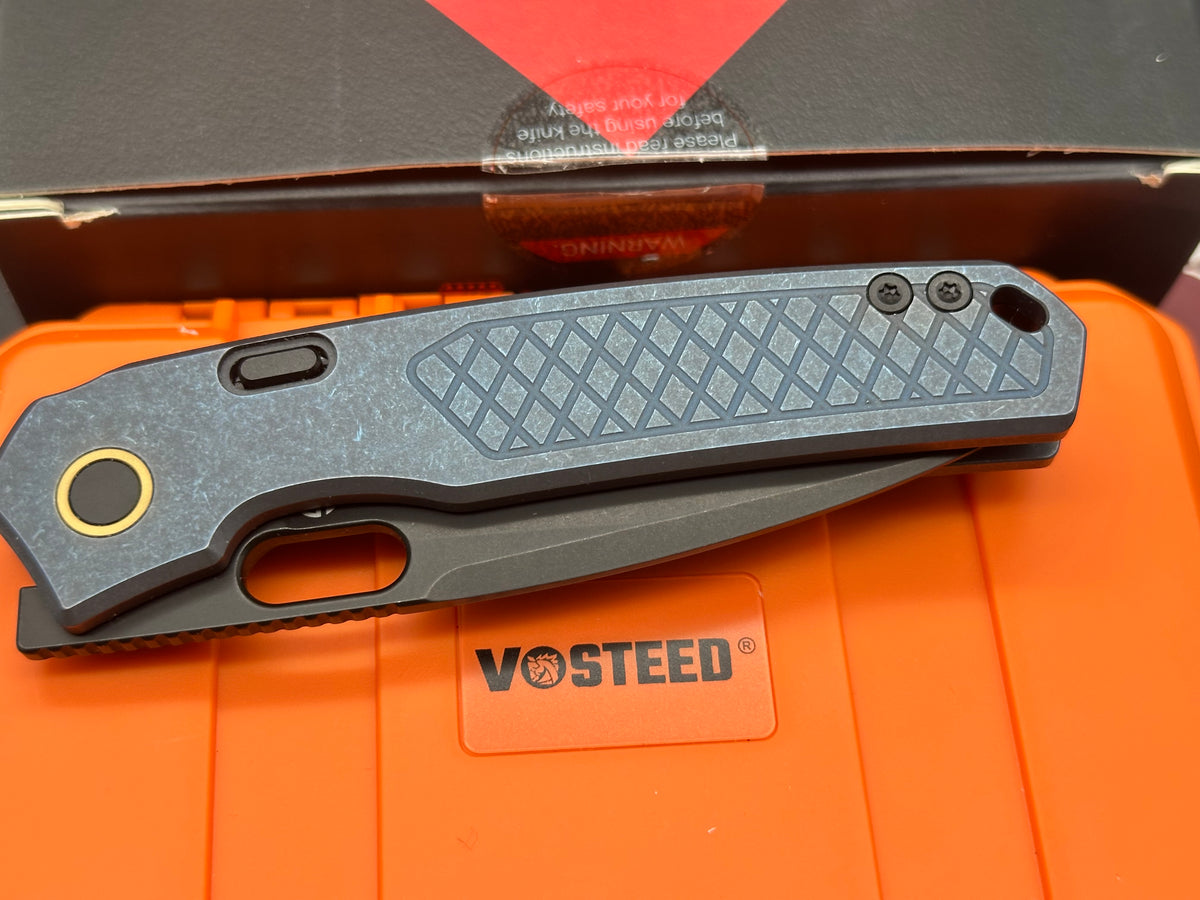 Vosteed Psyop Folding Knife Blue Titanium Handle Elmax Drop Point Plain Edge Black Stonewash Finish