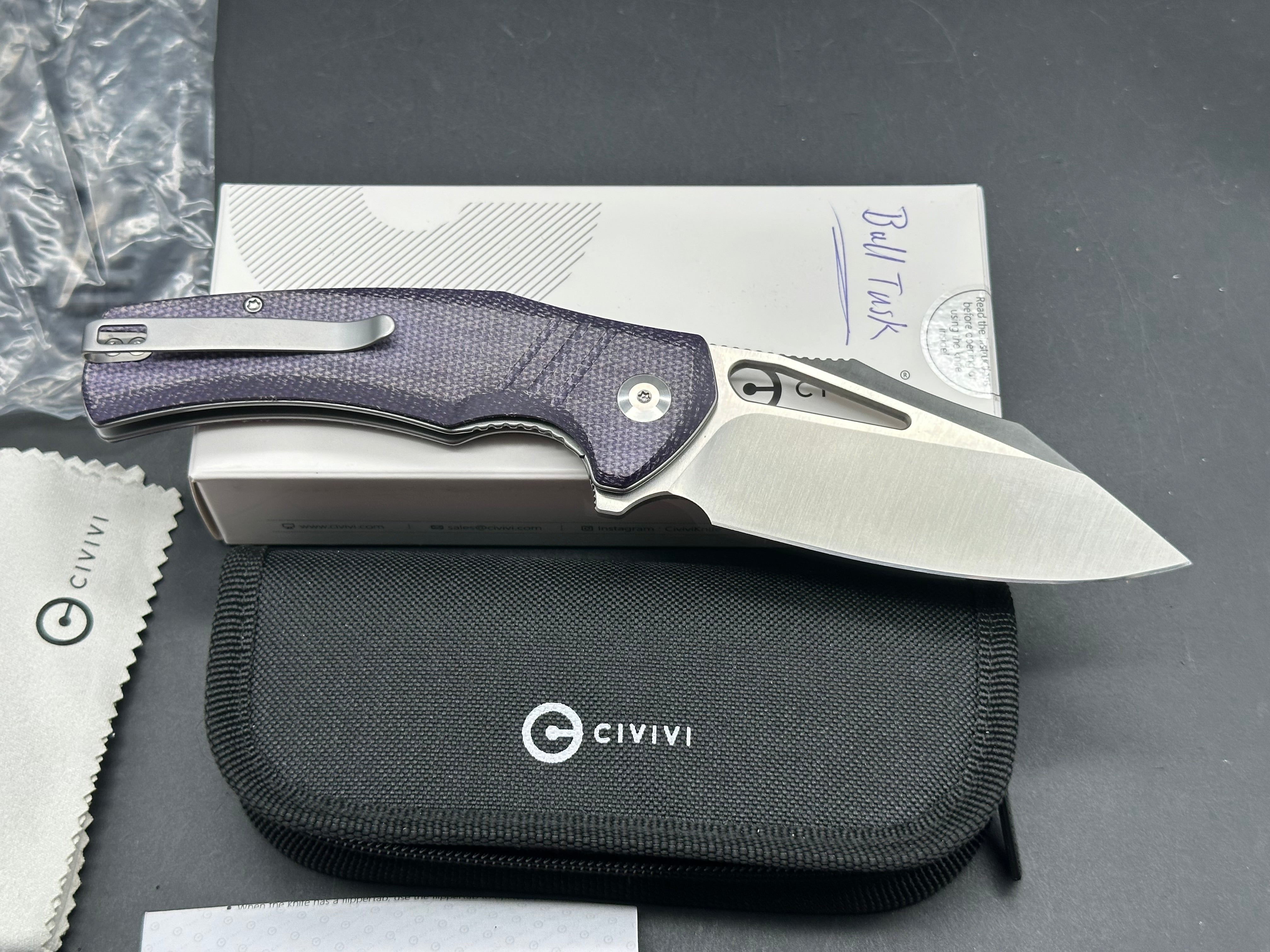 CIVIVI BULLTUSK FOLDING KNIFE PURPLE CANVAS MICARTA HANDLE 14C28N CLIP POINT PLAIN EDGE SATIN FINISH