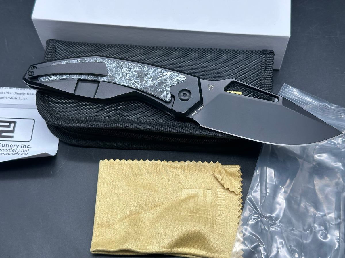 ARTISAN CUTLERY FRAGARACH FOLDING KNIFE DARK MATTER POLAR HANDLE S90V DROP POINT PLAIN BLACK PVD FINISH