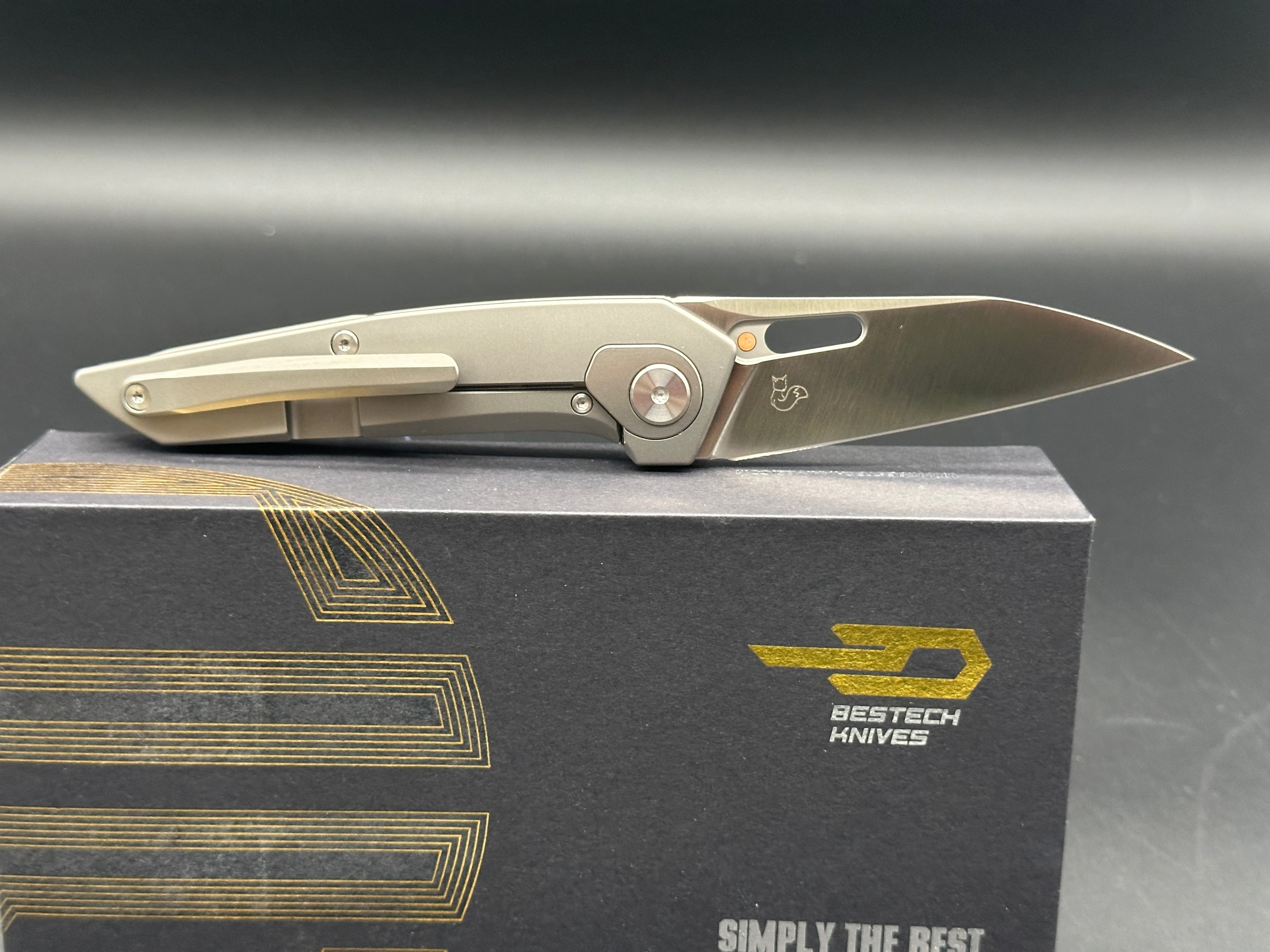 BESTECH VK-VOID FOLDING KNIFE WHITE BEAD BLAST /STONEWASH TITANIUM HANDLE ELMAX PLAIN EDGE SATIN FINISH BT2305A