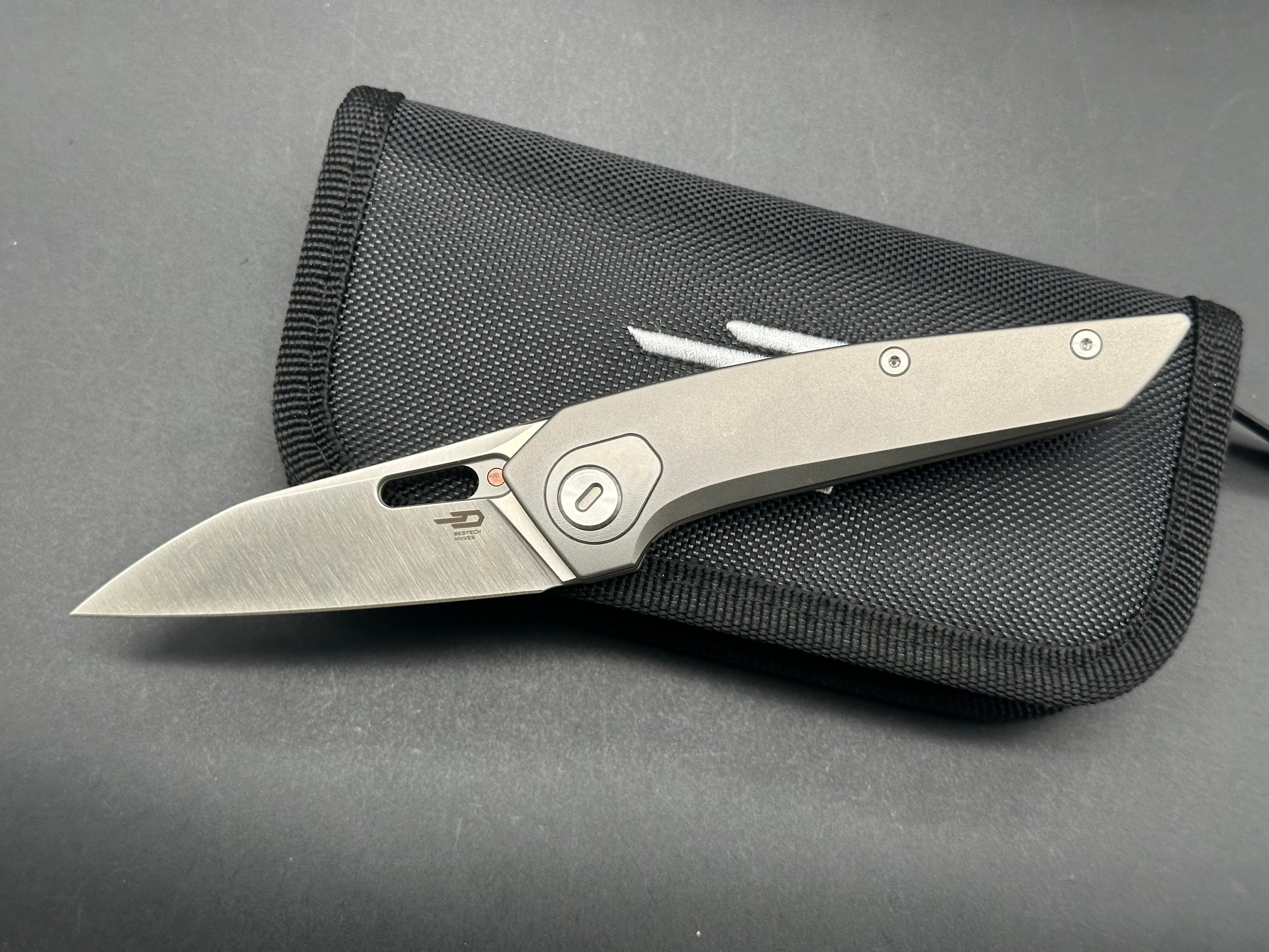 BESTECH VK-VOID FOLDING KNIFE WHITE BEAD BLAST /STONEWASH TITANIUM HANDLE ELMAX PLAIN EDGE SATIN FINISH BT2305A