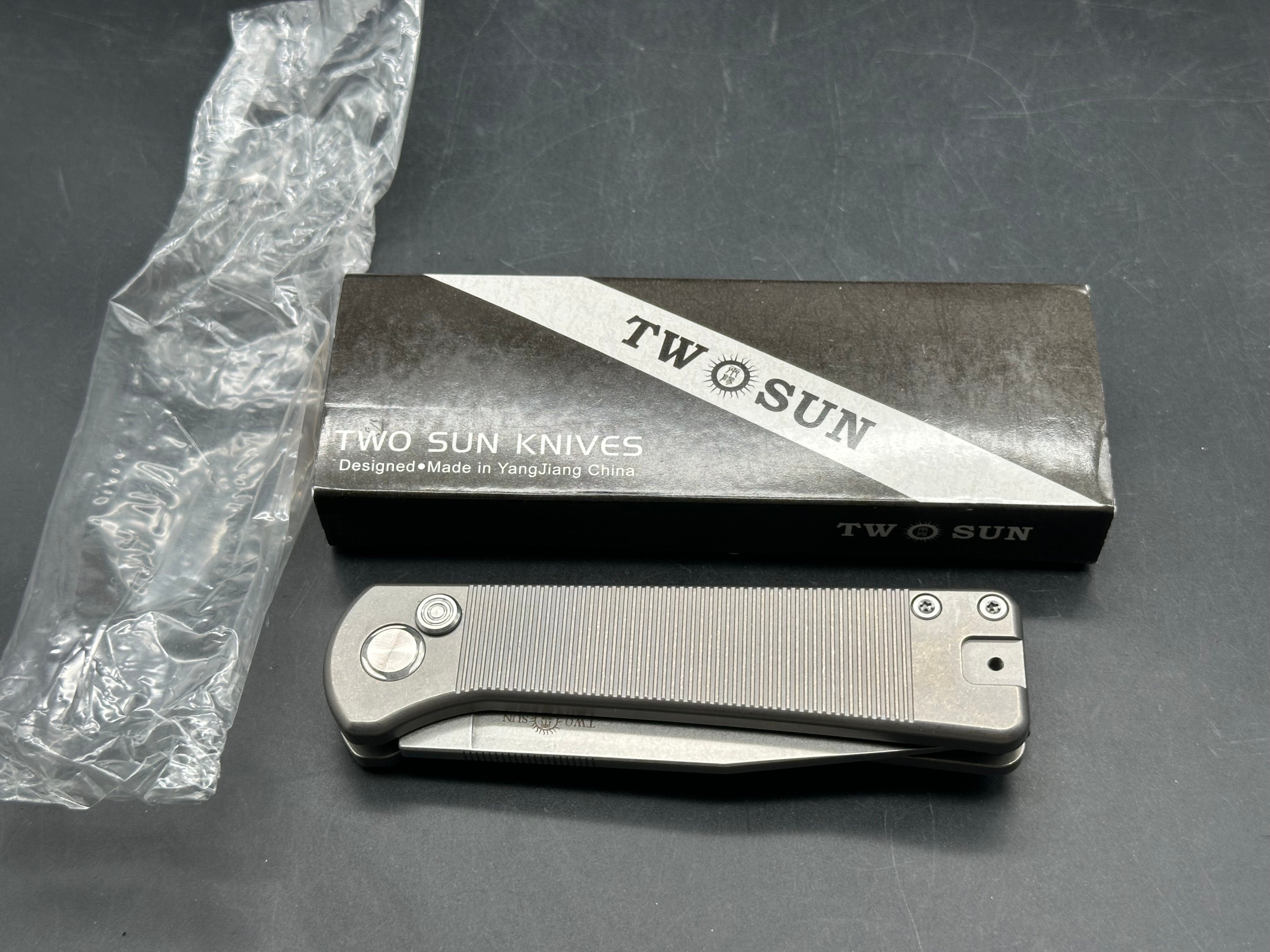 TwoSun Button Lock Pocket Knife Titanium Handle D2 Partially Serrated Edge TS358-SER (8.27 inches overall)