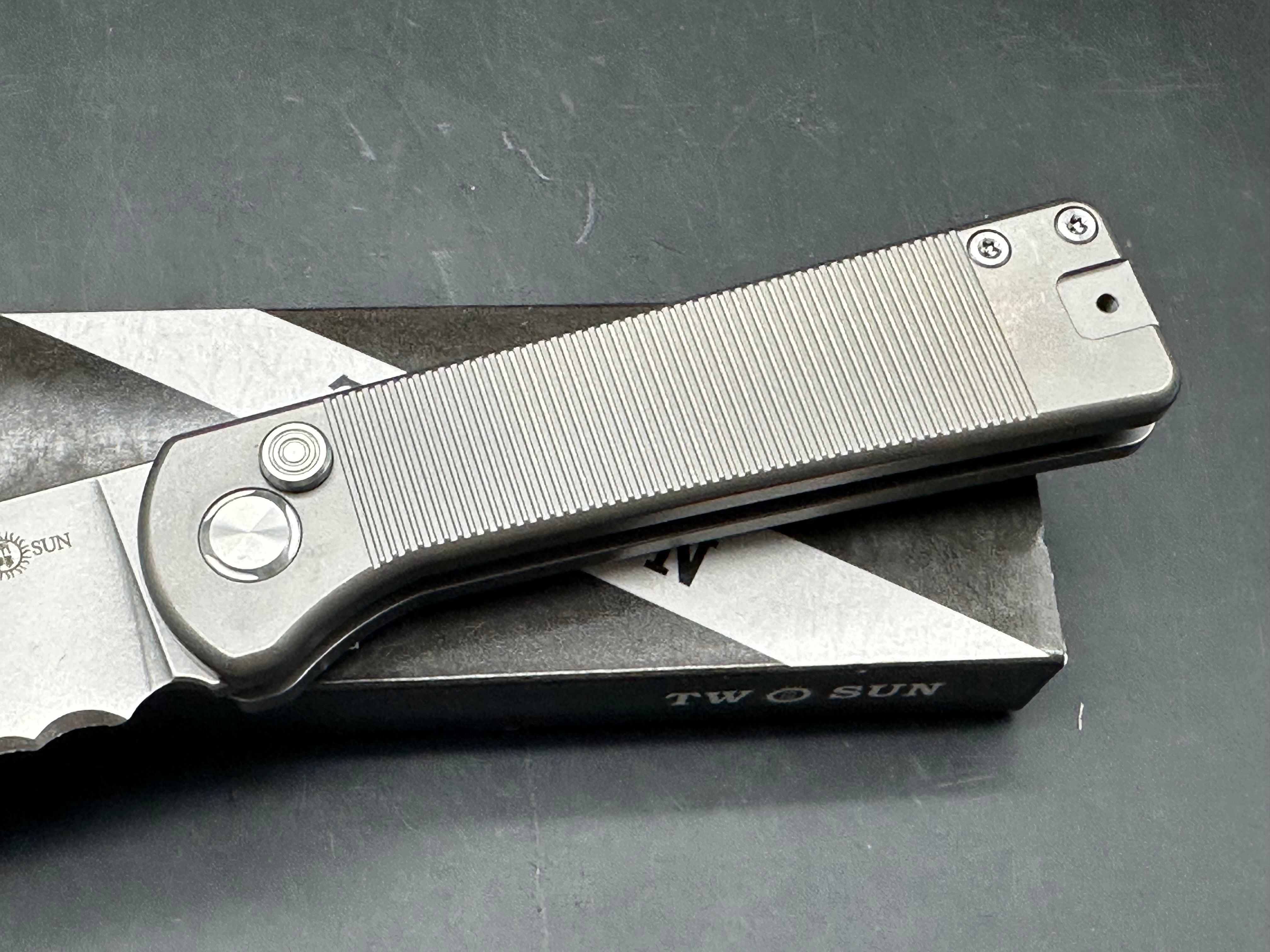 TwoSun Button Lock Pocket Knife Titanium Handle D2 Partially Serrated Edge TS358-SER (8.27 inches overall)