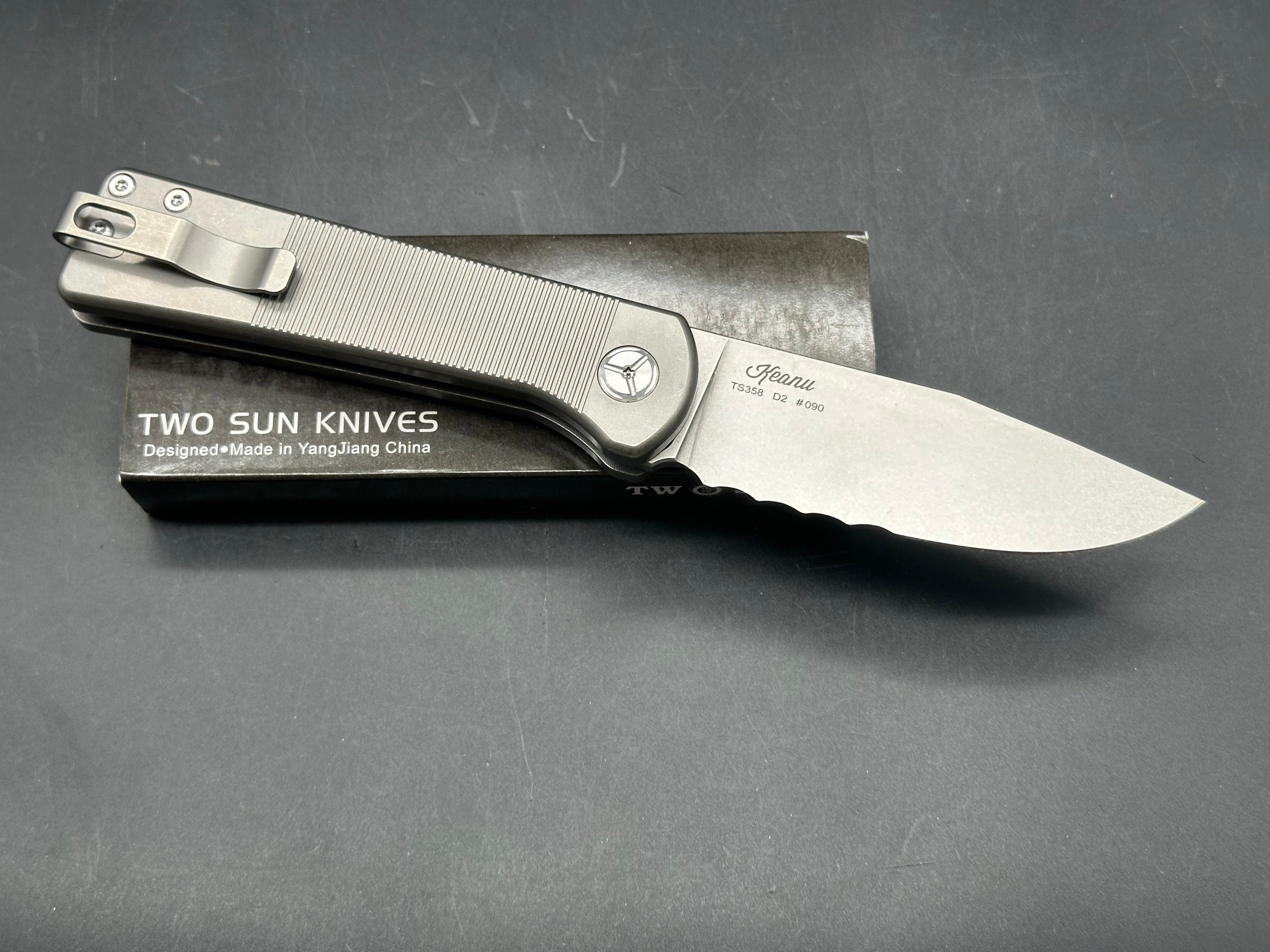 TwoSun Button Lock Pocket Knife Titanium Handle D2 Partially Serrated Edge TS358-SER (8.27 inches overall)