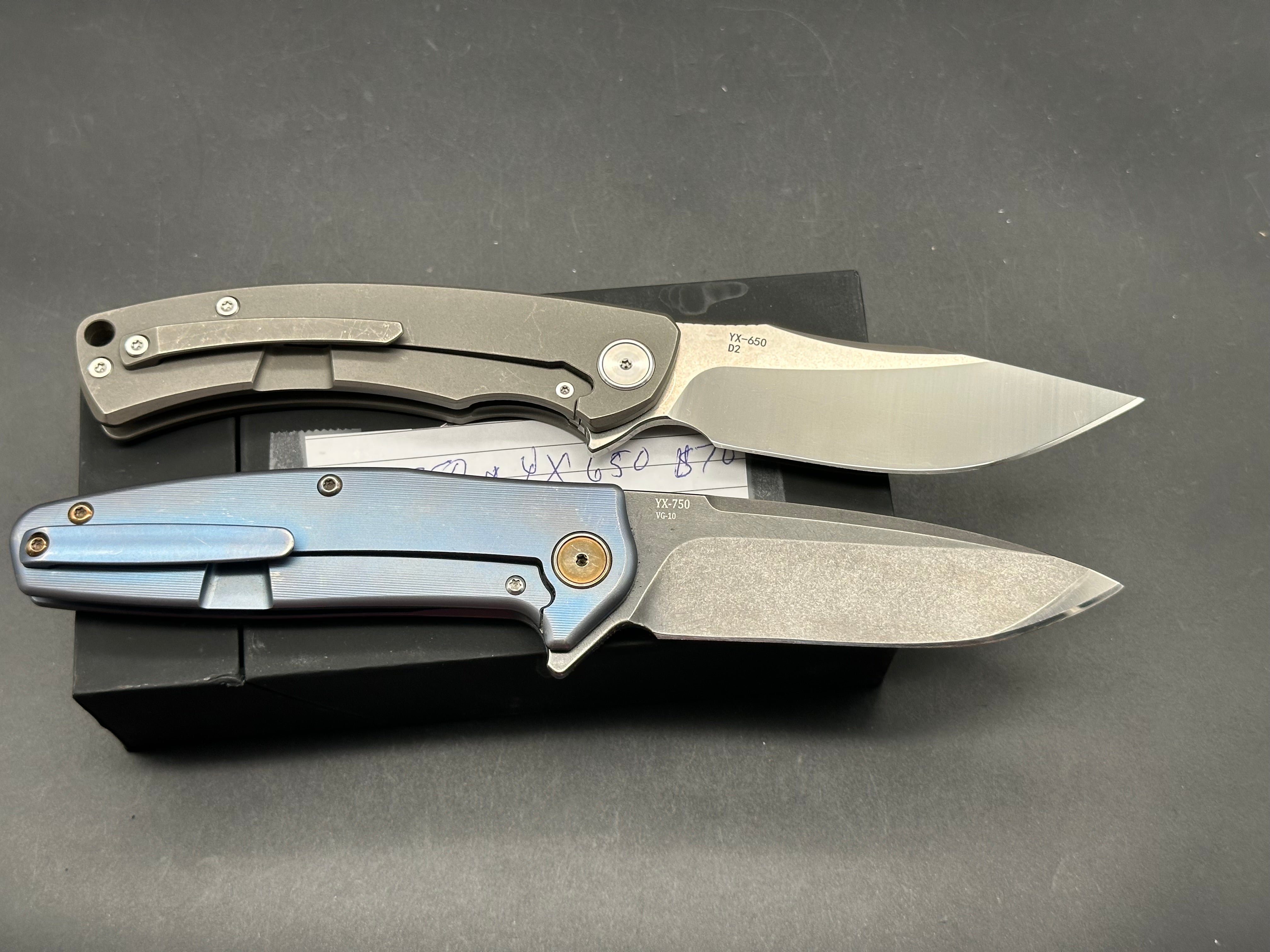 2 knife deal YX 750 titanium handle, VG10 blade and YX 650 titanium handle, D2 blade