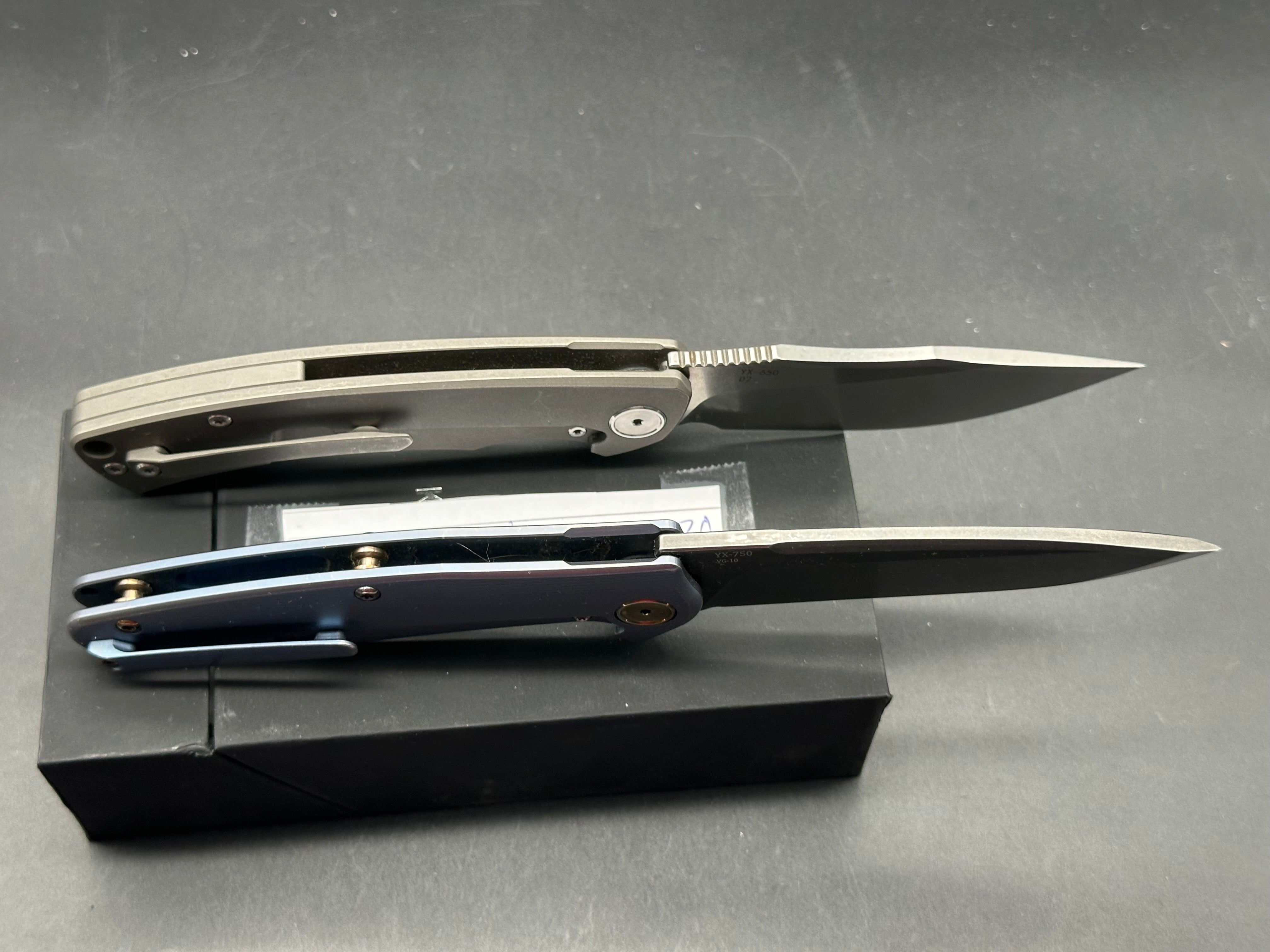 2 knife deal YX 750 titanium handle, VG10 blade and YX 650 titanium handle, D2 blade