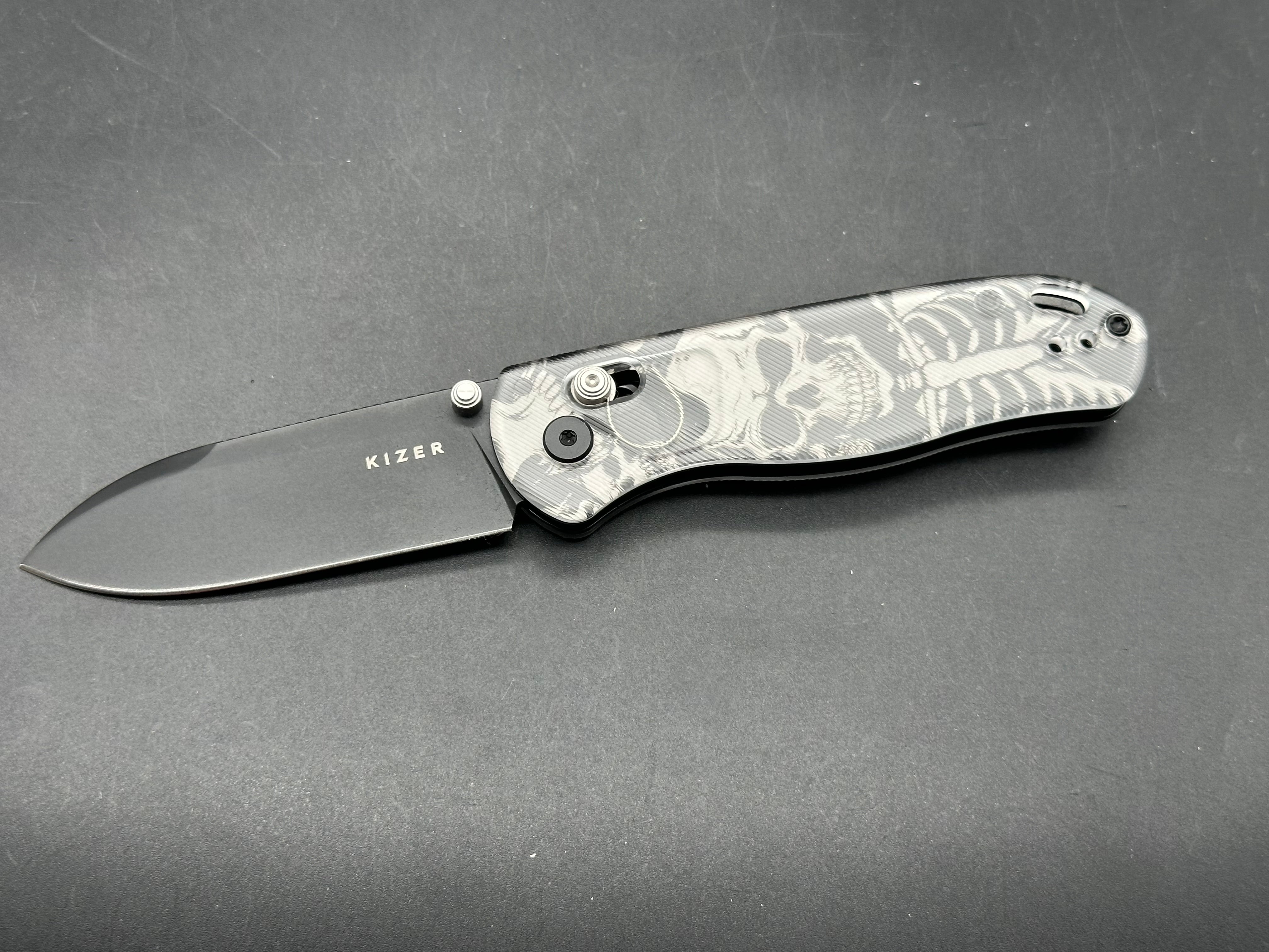 Kizer Drop Bear Laser engraved skull acrylic scales Nitro-V