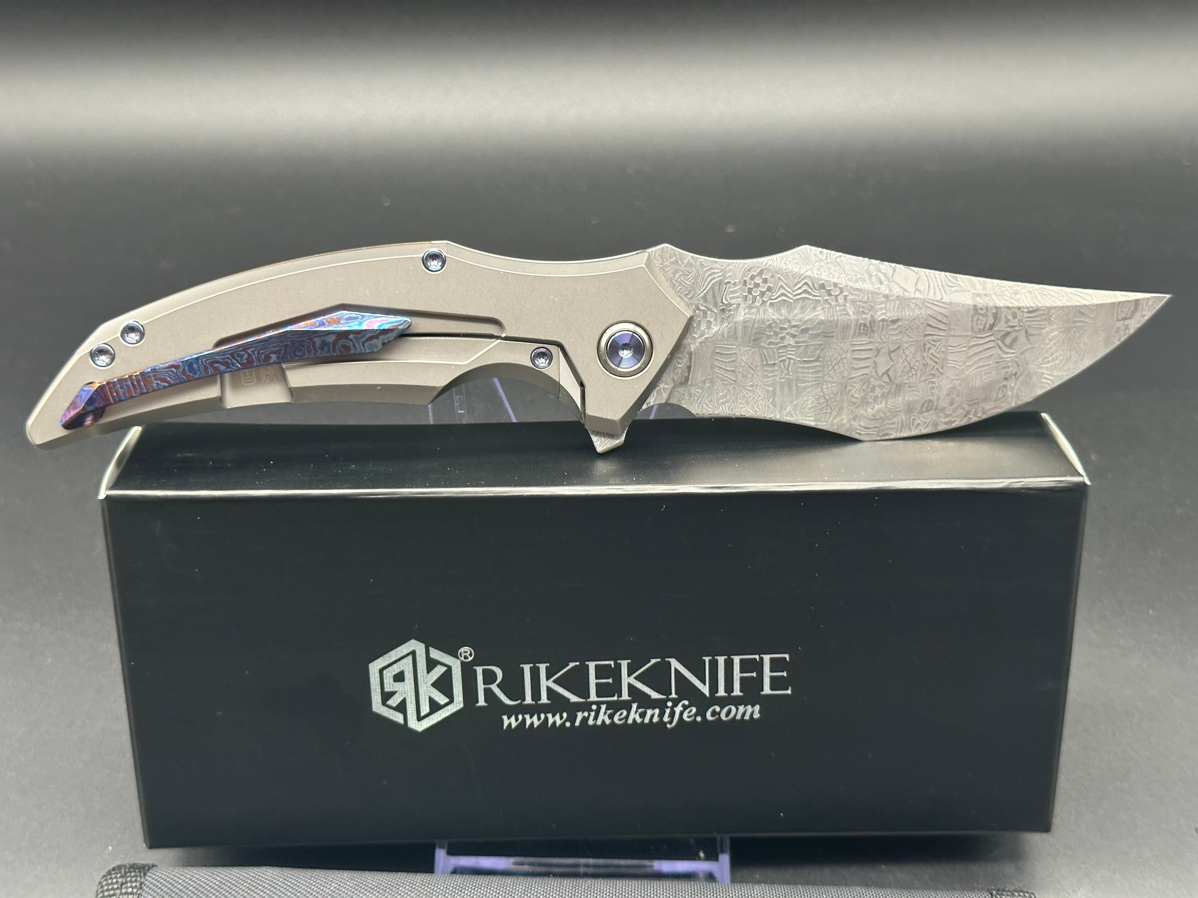 RIKE KNIFE S05 DAMASCUS BLADE TITANIUM HANDLE FLIPPER POCKET KNIFE MOKUTI CLIP AND PIVOT