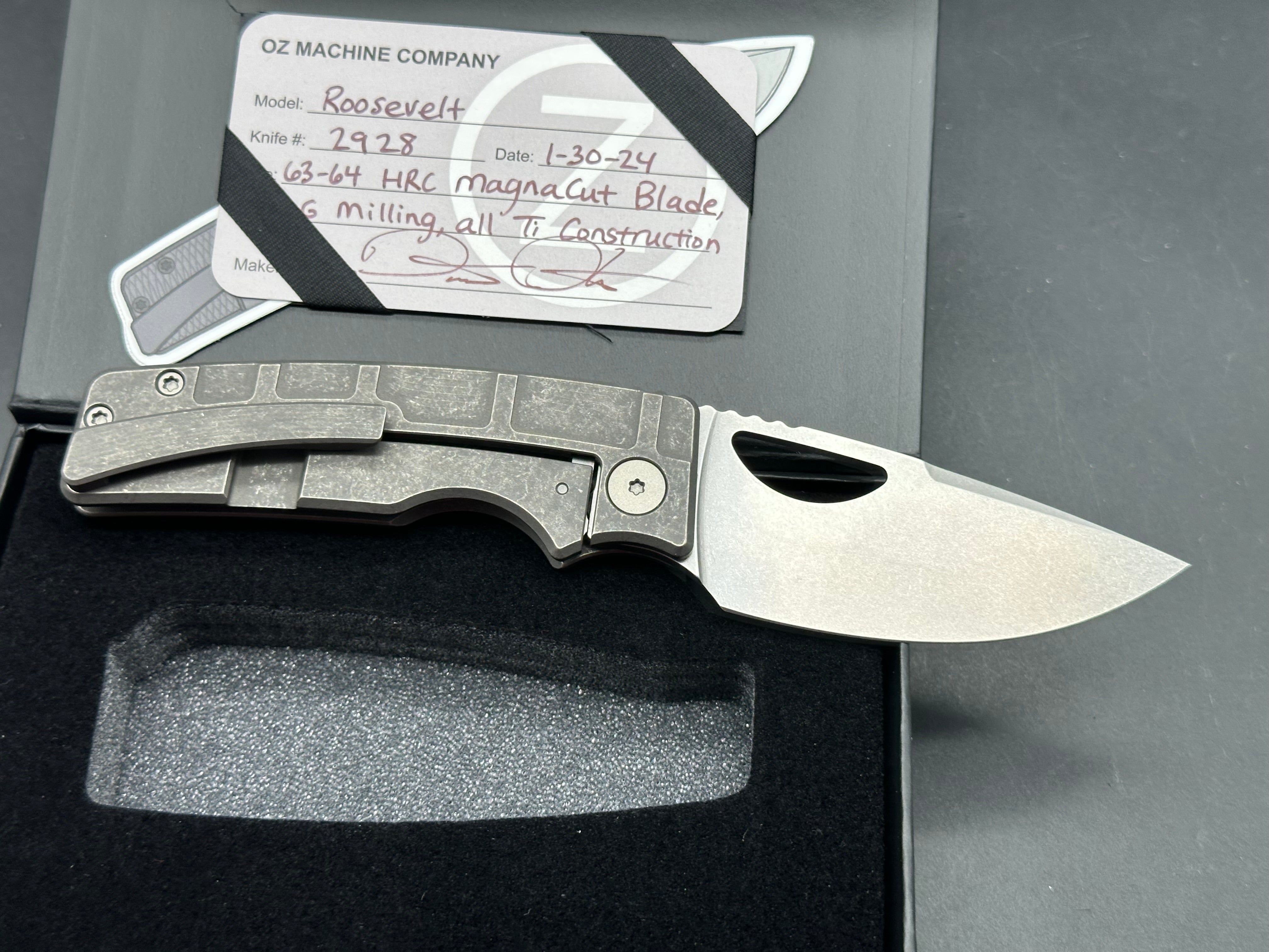 OZ Machine Company Roosevelt - #2928 Stonewashed Magnacut Blade, All Ti Construction