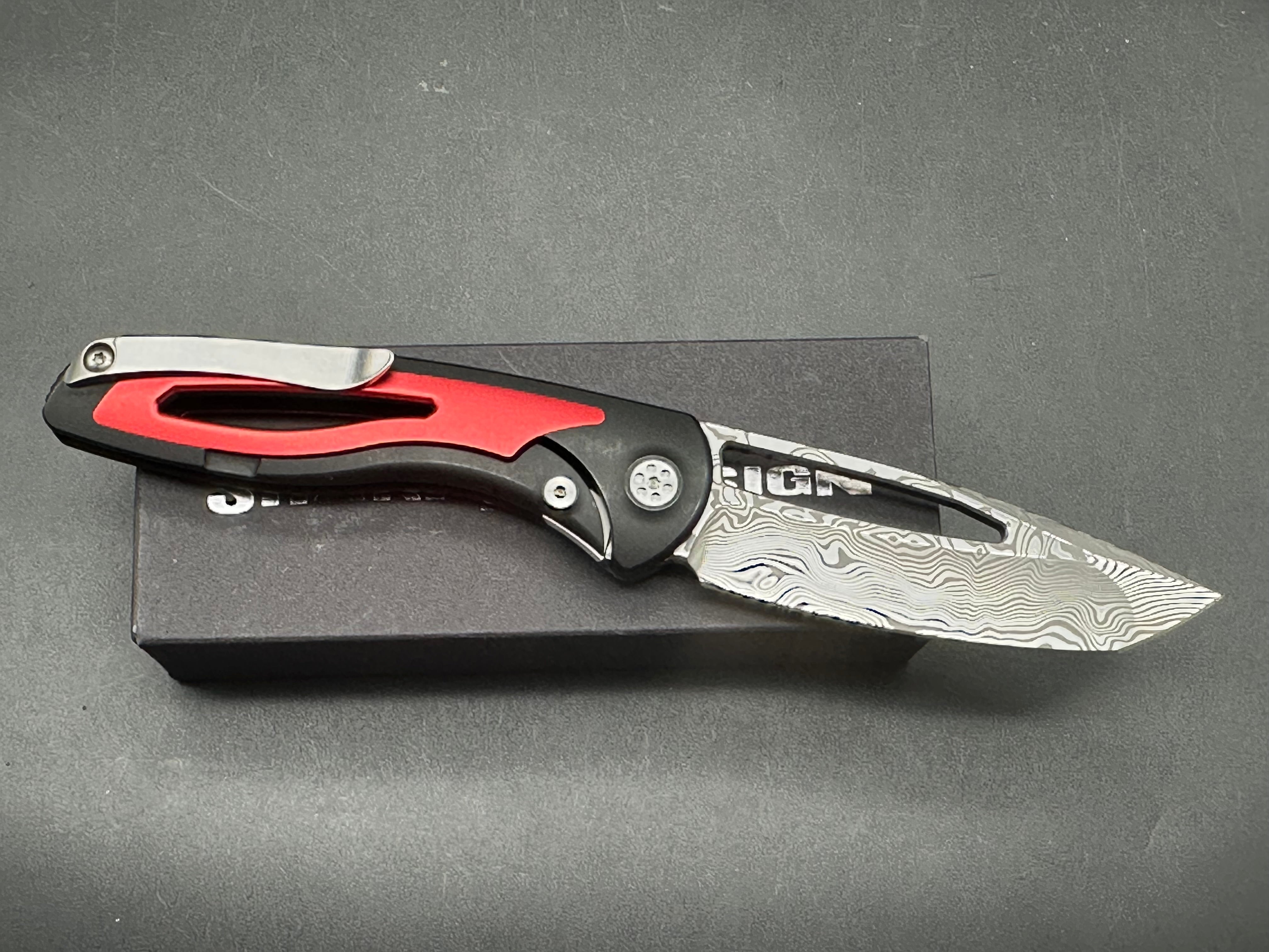 Sharp by Design Apex Front Flipper, Drop Point Damasteel Blade