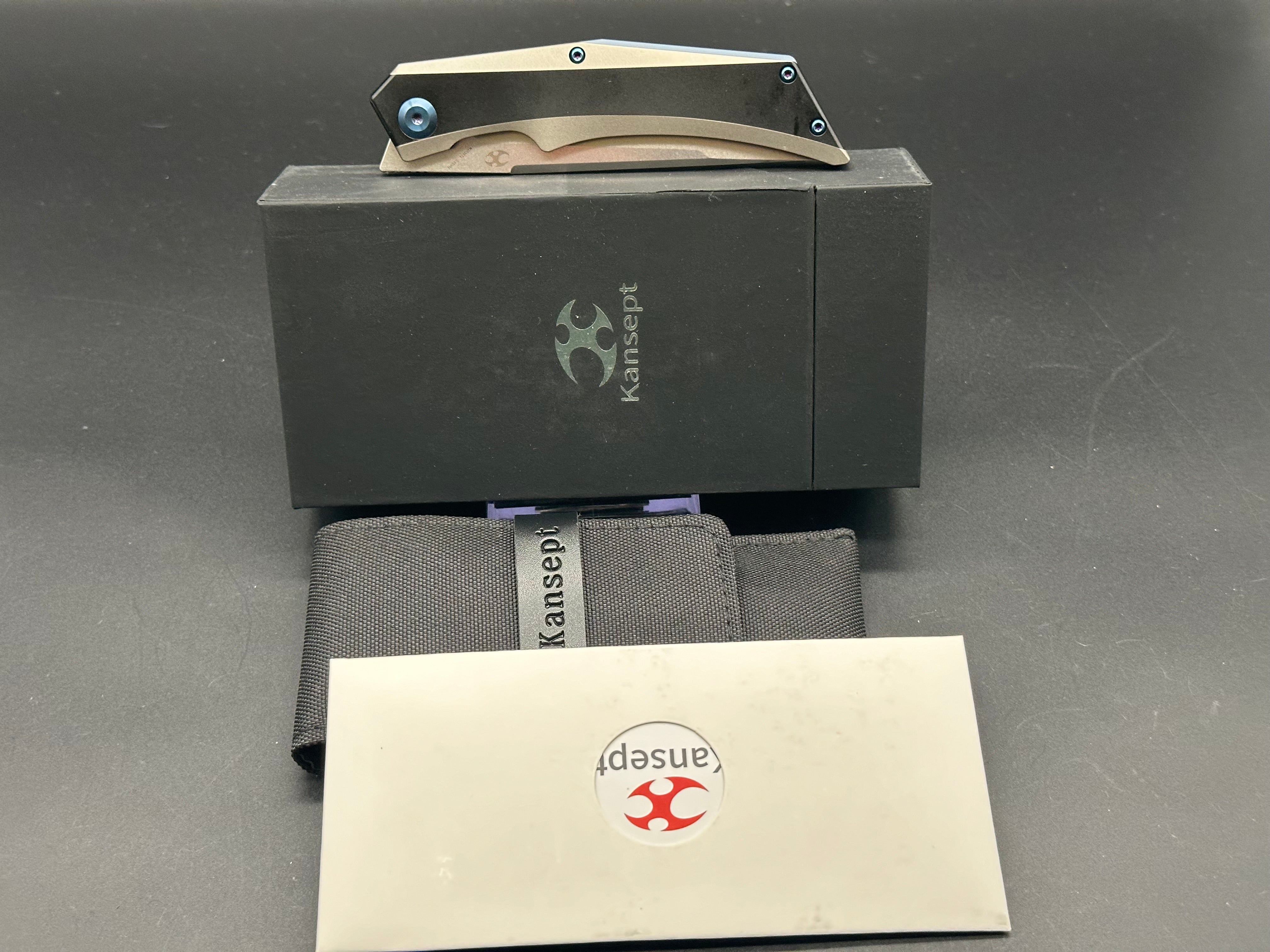 KANSEPT NASKA FOLDING KNIFE BLACK/GRAY TITANIUM HANDLE S35VN TANTO PLAIN EDGE STONEWASH FINISH K1035T1
