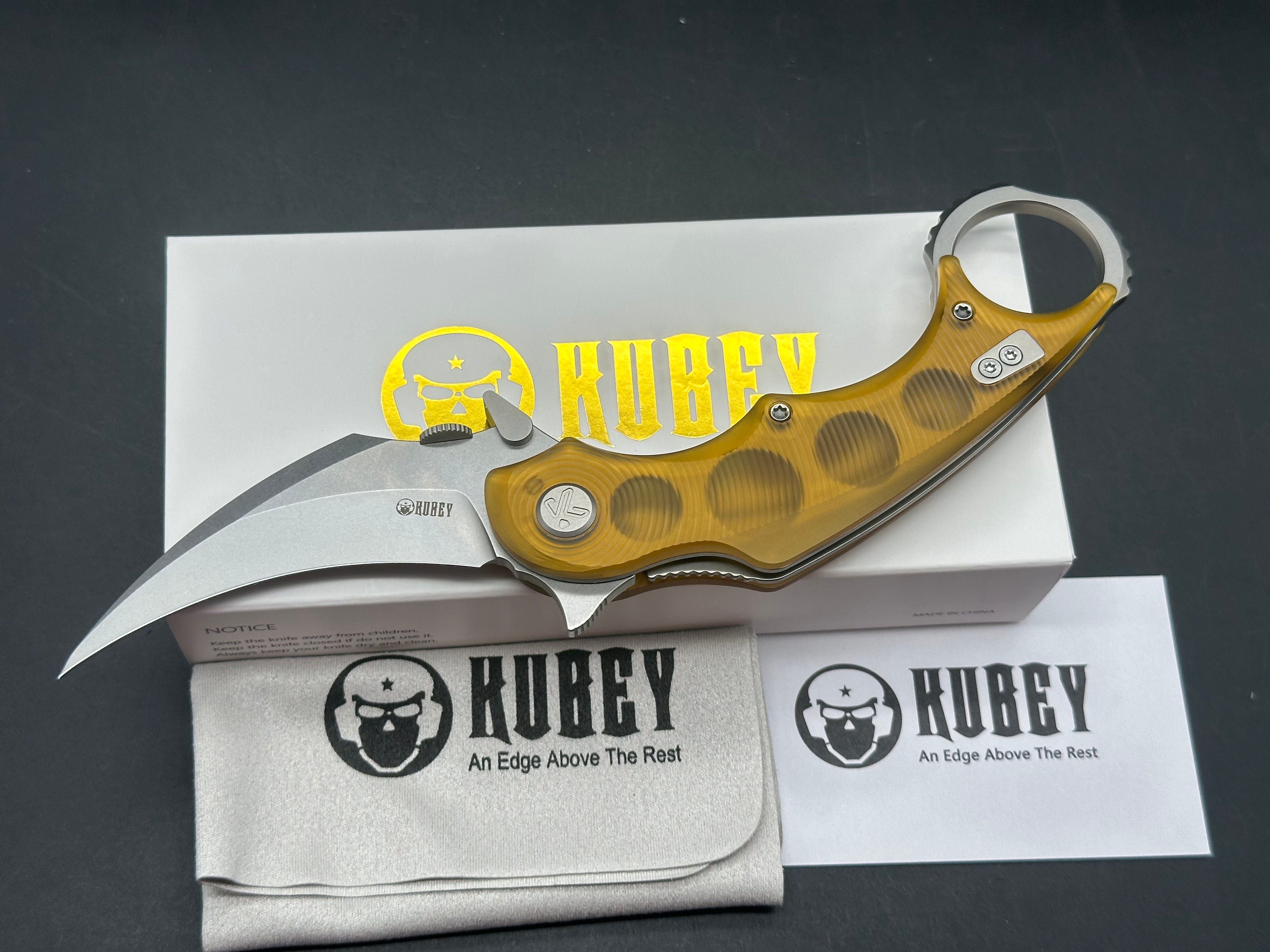 Kubey Rogue Pikal Karambit Folding Knife Ultem Handle 2.91" Stonewash 14C28N Blade