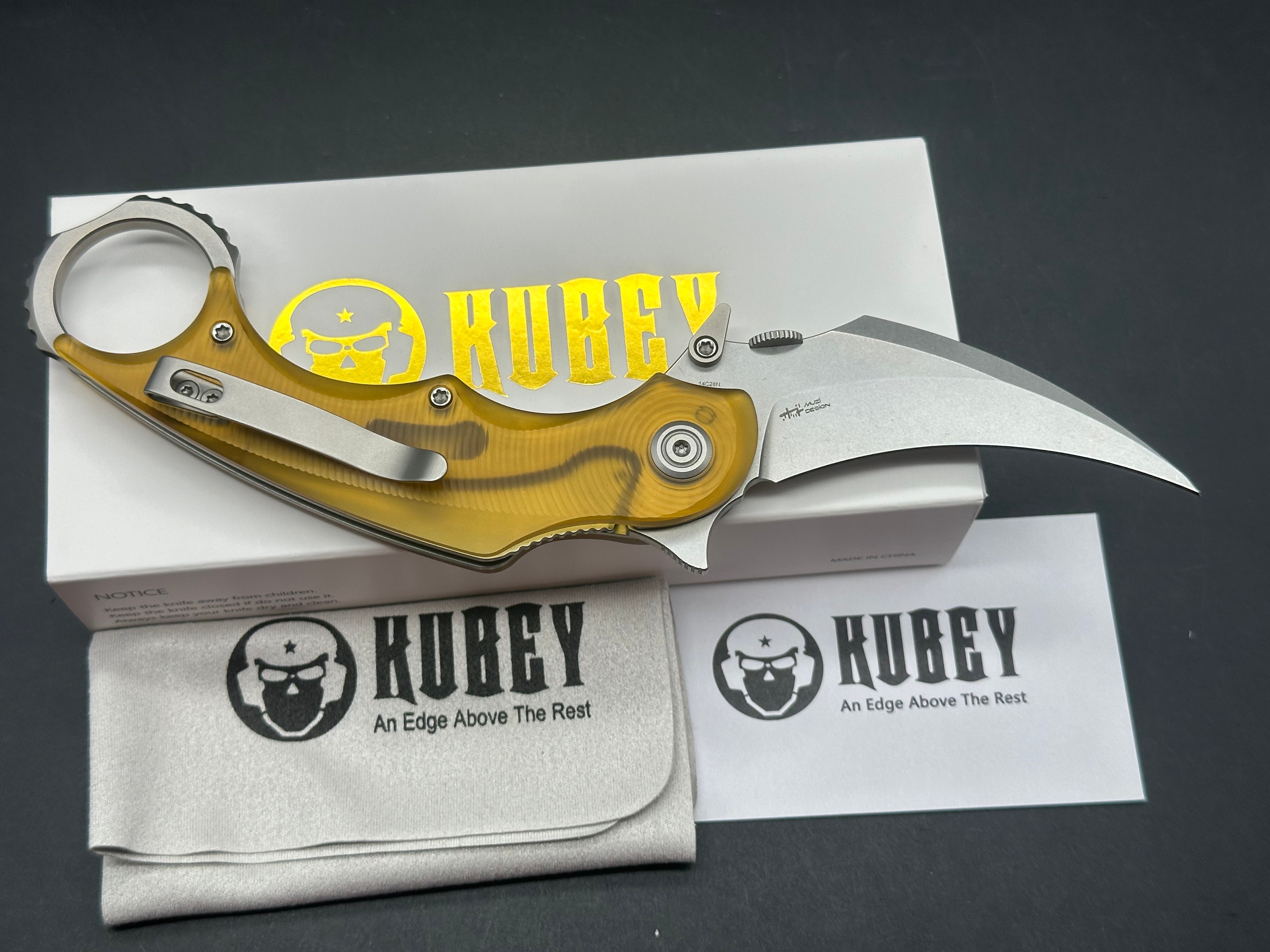 Kubey Rogue Pikal Karambit Folding Knife Ultem Handle 2.91" Stonewash 14C28N Blade