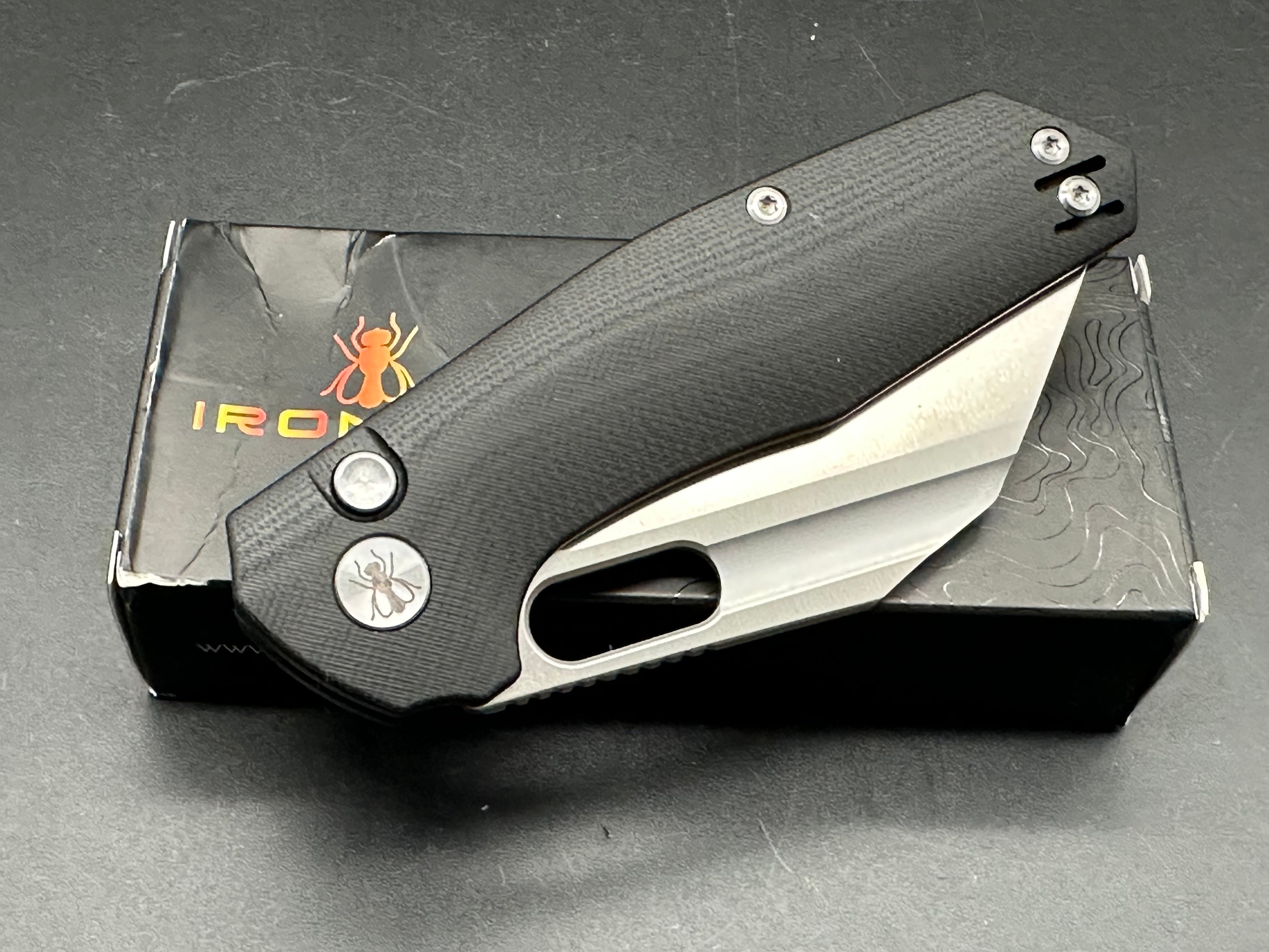 Ironfly (Kunwu) YOLO, Button Lock 14C28N Blade with Black G10 Handle