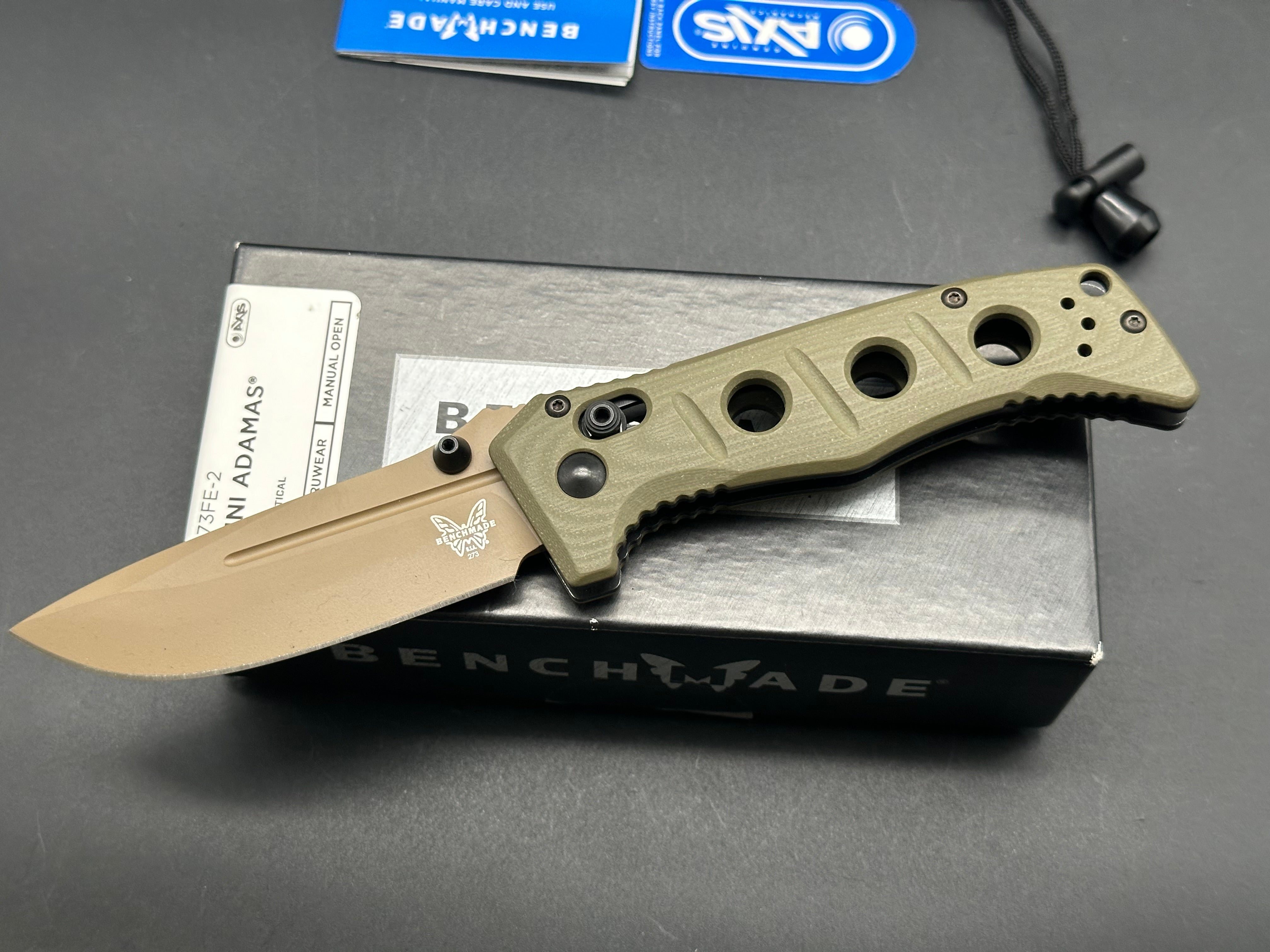 BENCHMADE 273 MINI ADAMAS FOLDING KNIFE OLIVE DRAB G-10 HANDLE CPM-CRUWEAR PLAIN EDGE BM273FE-2