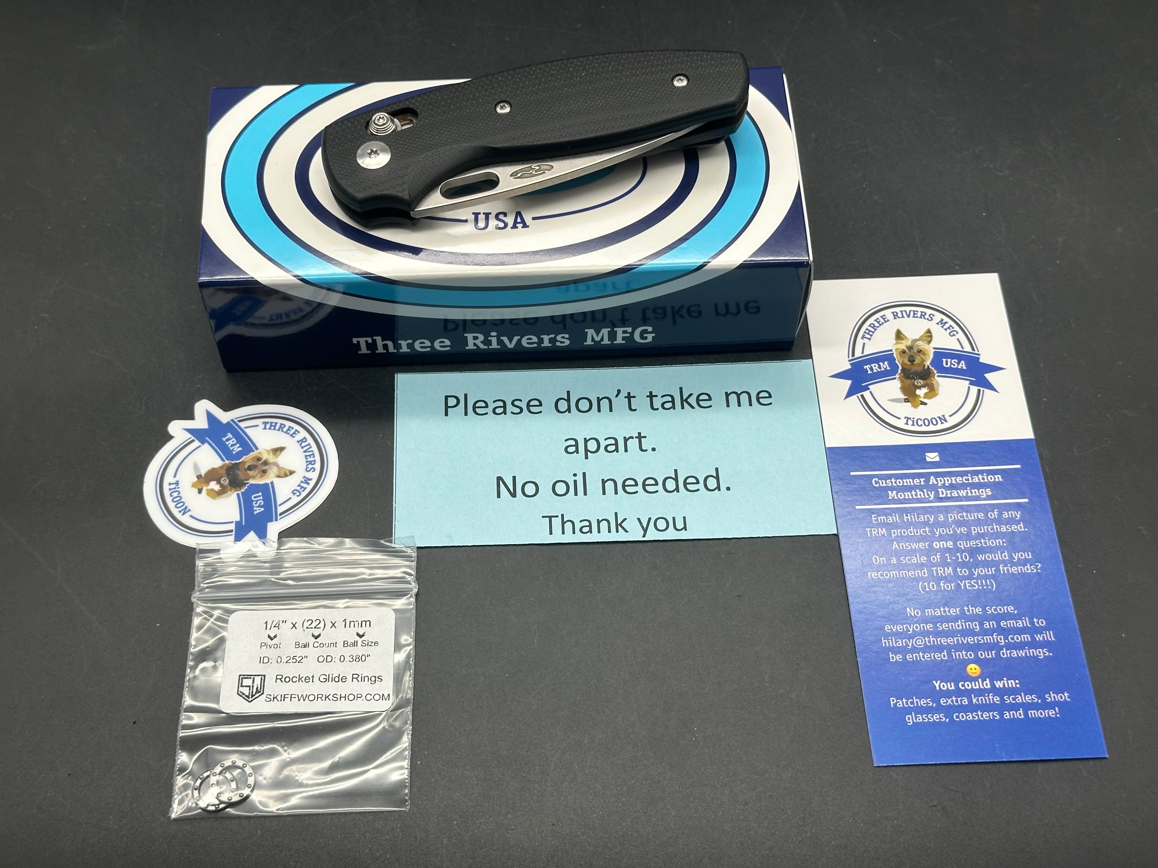 TRM - Three Rivers Mfg. Bulldog 2.95" CPM 20CV Stonewash Blade with Contoured Jet Black G10 Scales with Skiff Bearings installed