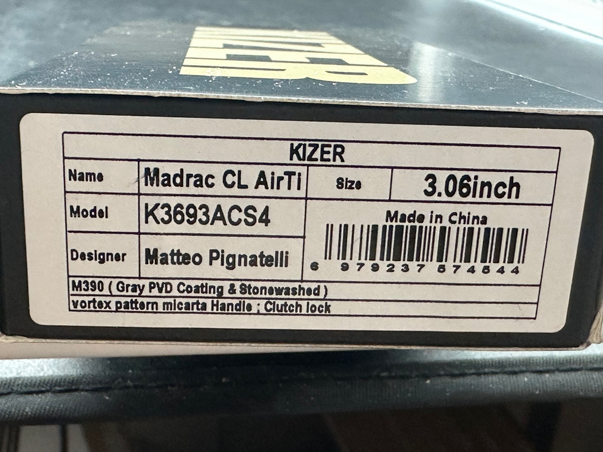 KIZER MADRAC CL AIRTI BLACK GRAY VORTEX PATTERN MICARTA HANDLE M390 SHEEPSFOOT