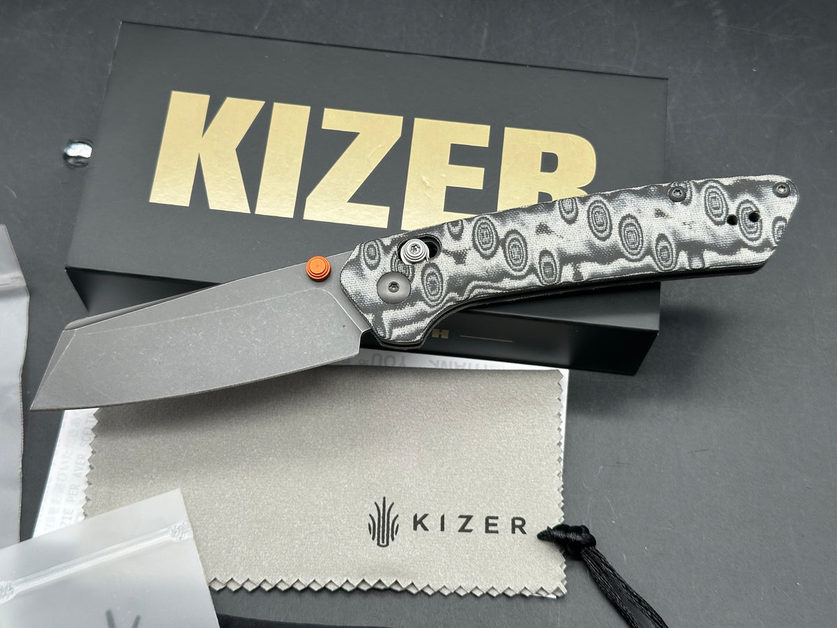 KIZER MADRAC CL AIRTI BLACK GRAY VORTEX PATTERN MICARTA HANDLE M390 SHEEPSFOOT