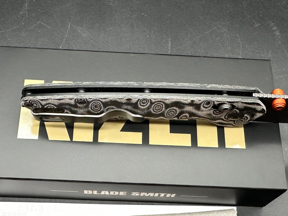 KIZER MADRAC CL AIRTI BLACK GRAY VORTEX PATTERN MICARTA HANDLE M390 SHEEPSFOOT