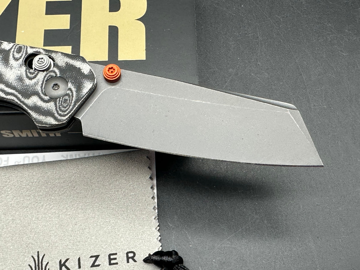 KIZER MADRAC CL AIRTI BLACK GRAY VORTEX PATTERN MICARTA HANDLE M390 SHEEPSFOOT