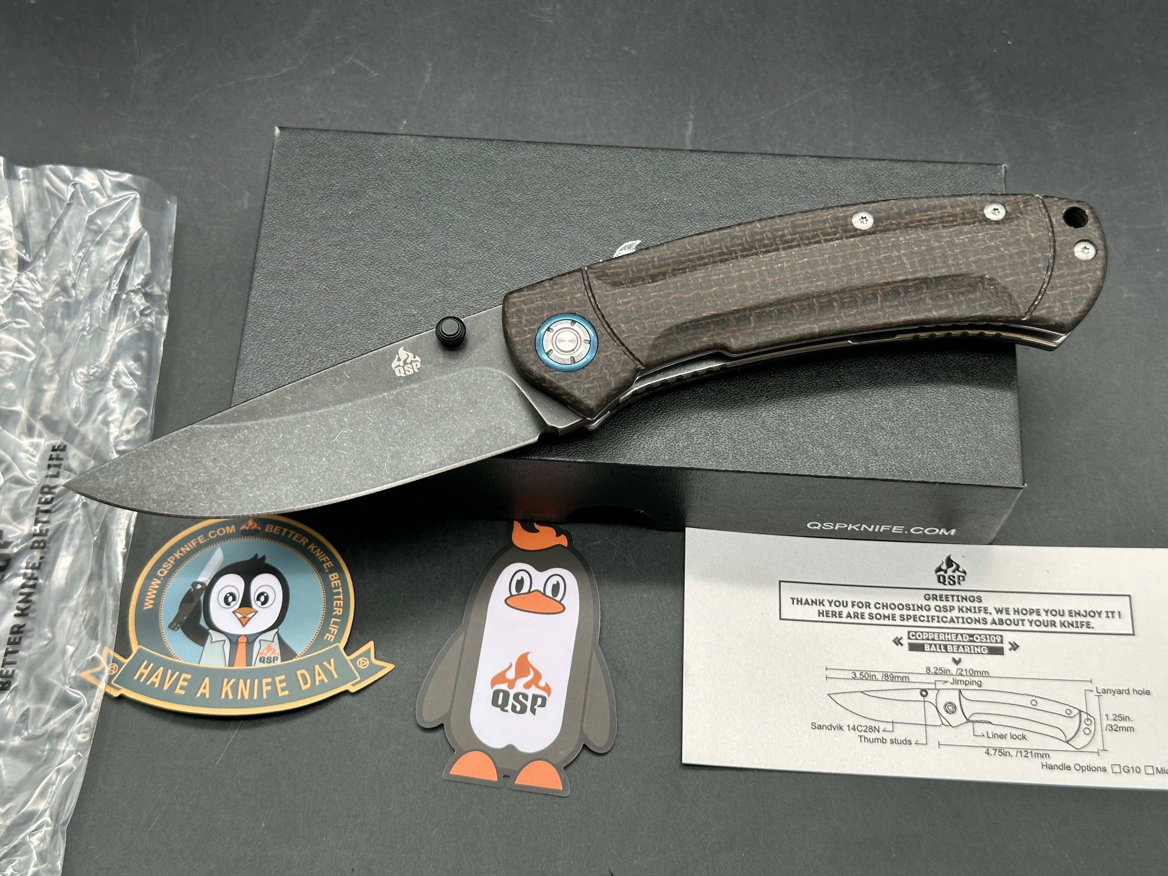 QSP COPPERHEAD FOLDING KNIFE BROWN MICARTA HANDLE 14C28N PLAIN EDGE