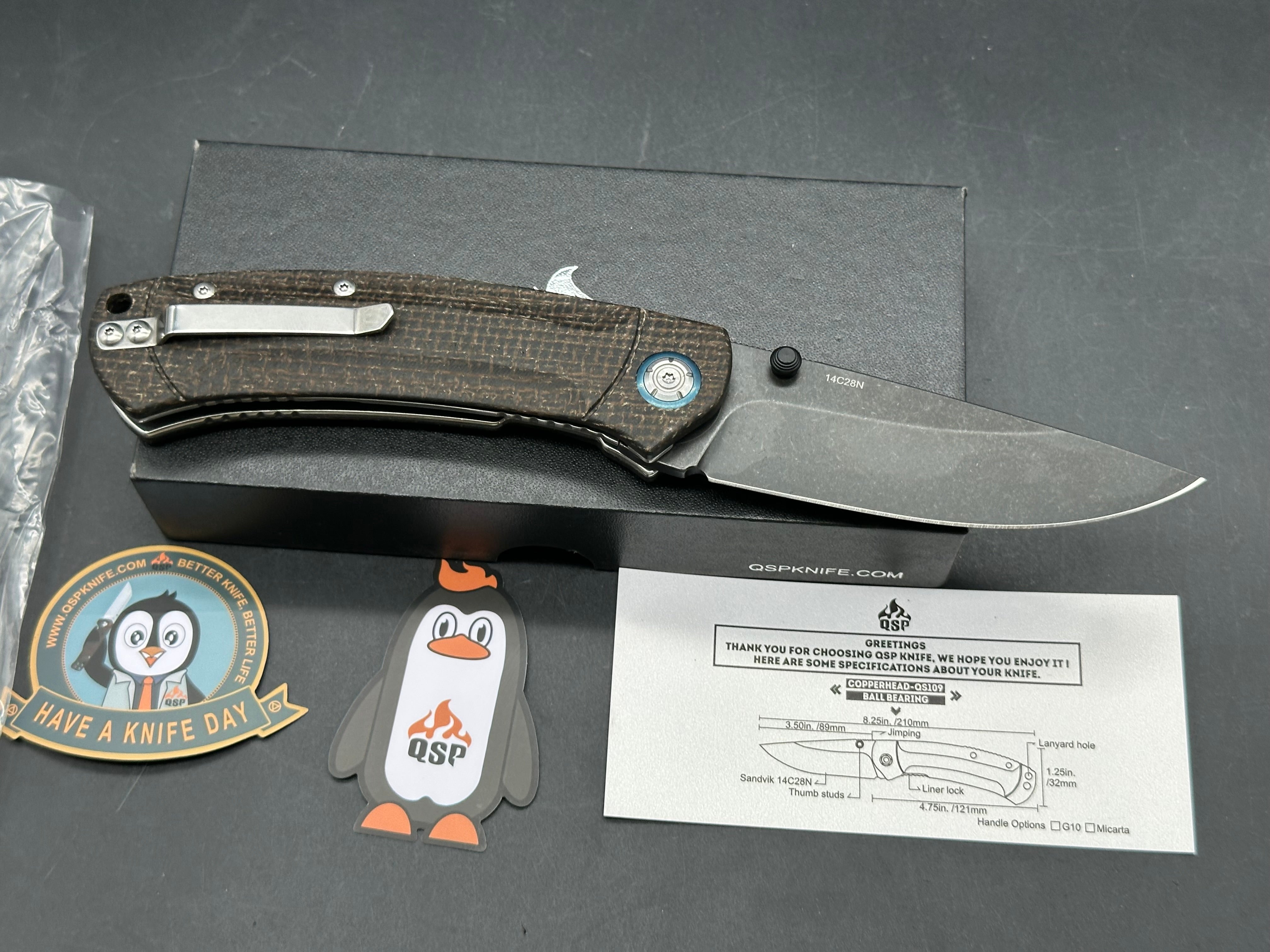 QSP COPPERHEAD FOLDING KNIFE BROWN MICARTA HANDLE 14C28N PLAIN EDGE