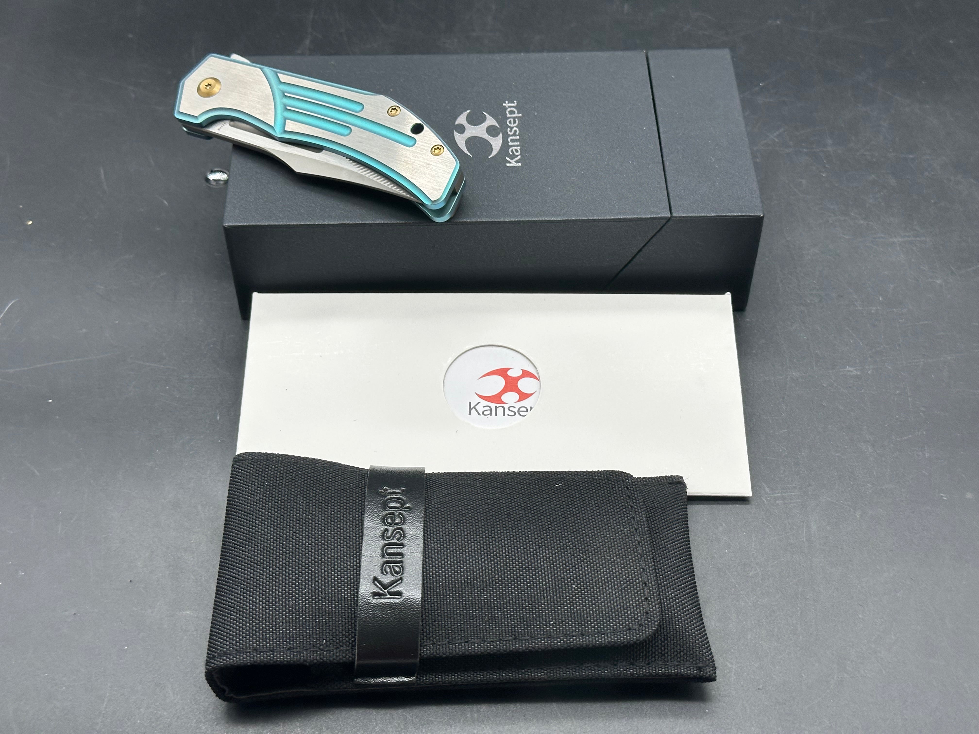 KANSEPT ORION GREEN/MACHINE SATIN TITANIUM HANDLE S35VN CLIP POINT