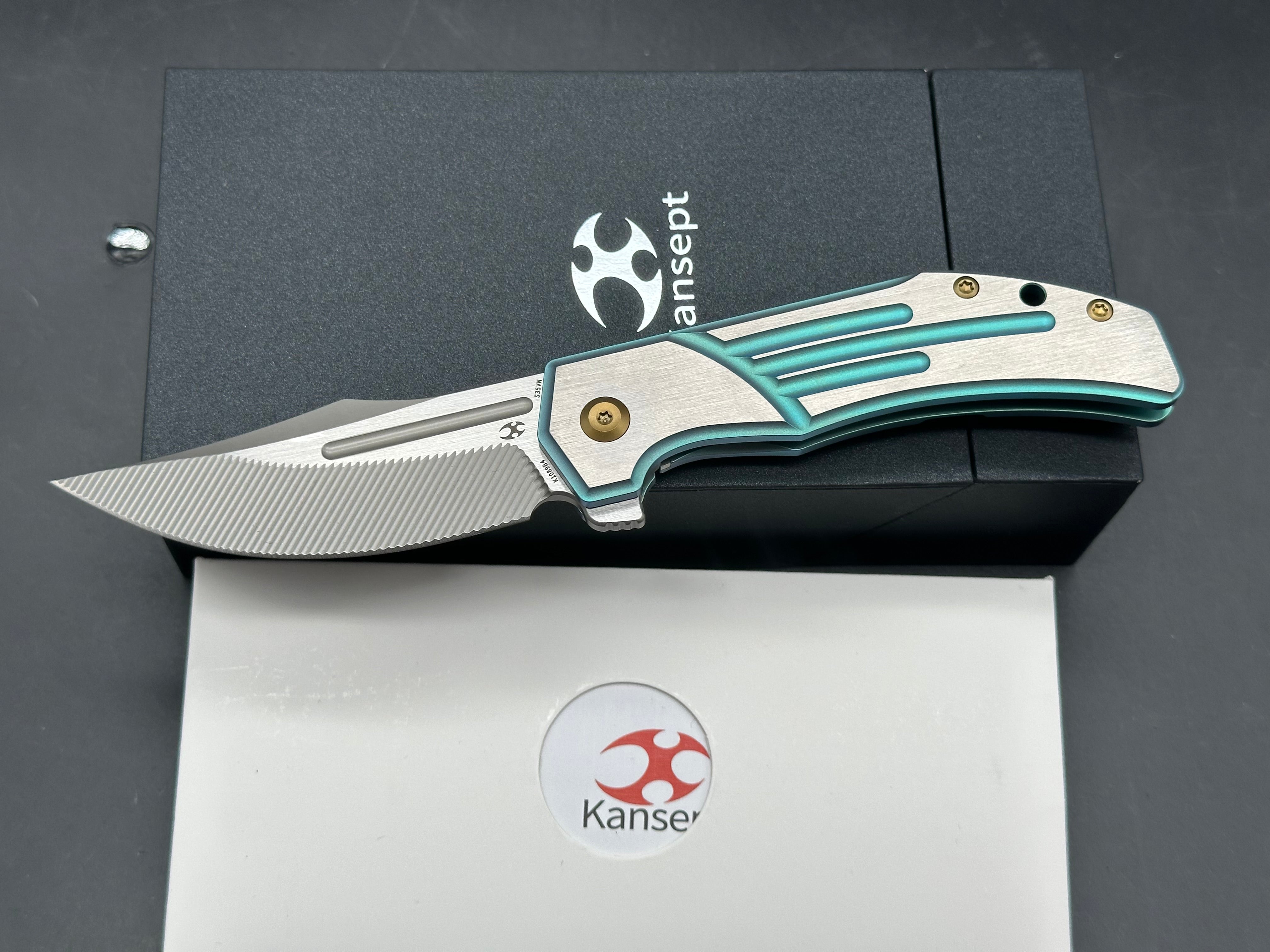 KANSEPT ORION GREEN/MACHINE SATIN TITANIUM HANDLE S35VN CLIP POINT