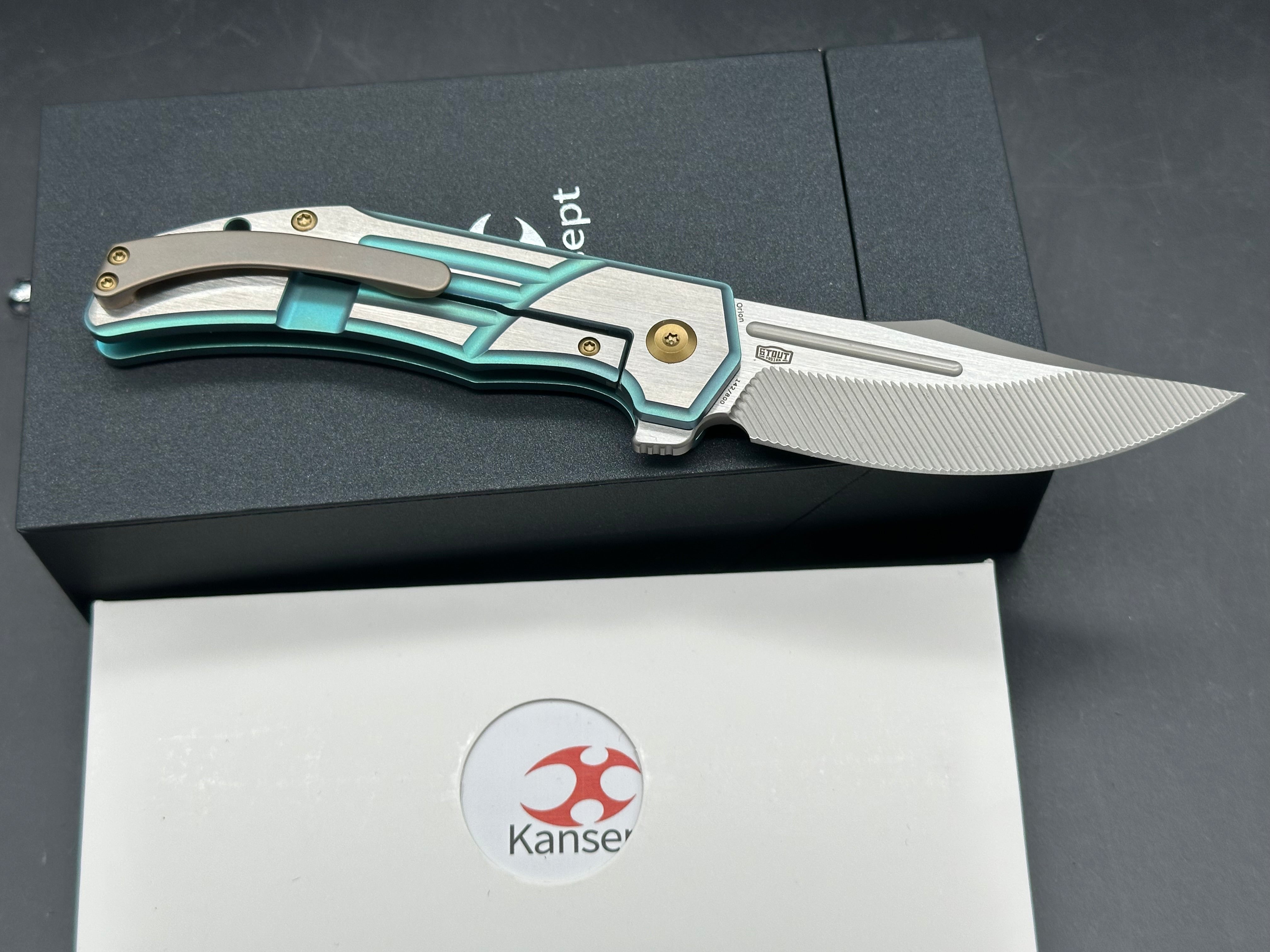 KANSEPT ORION GREEN/MACHINE SATIN TITANIUM HANDLE S35VN CLIP POINT