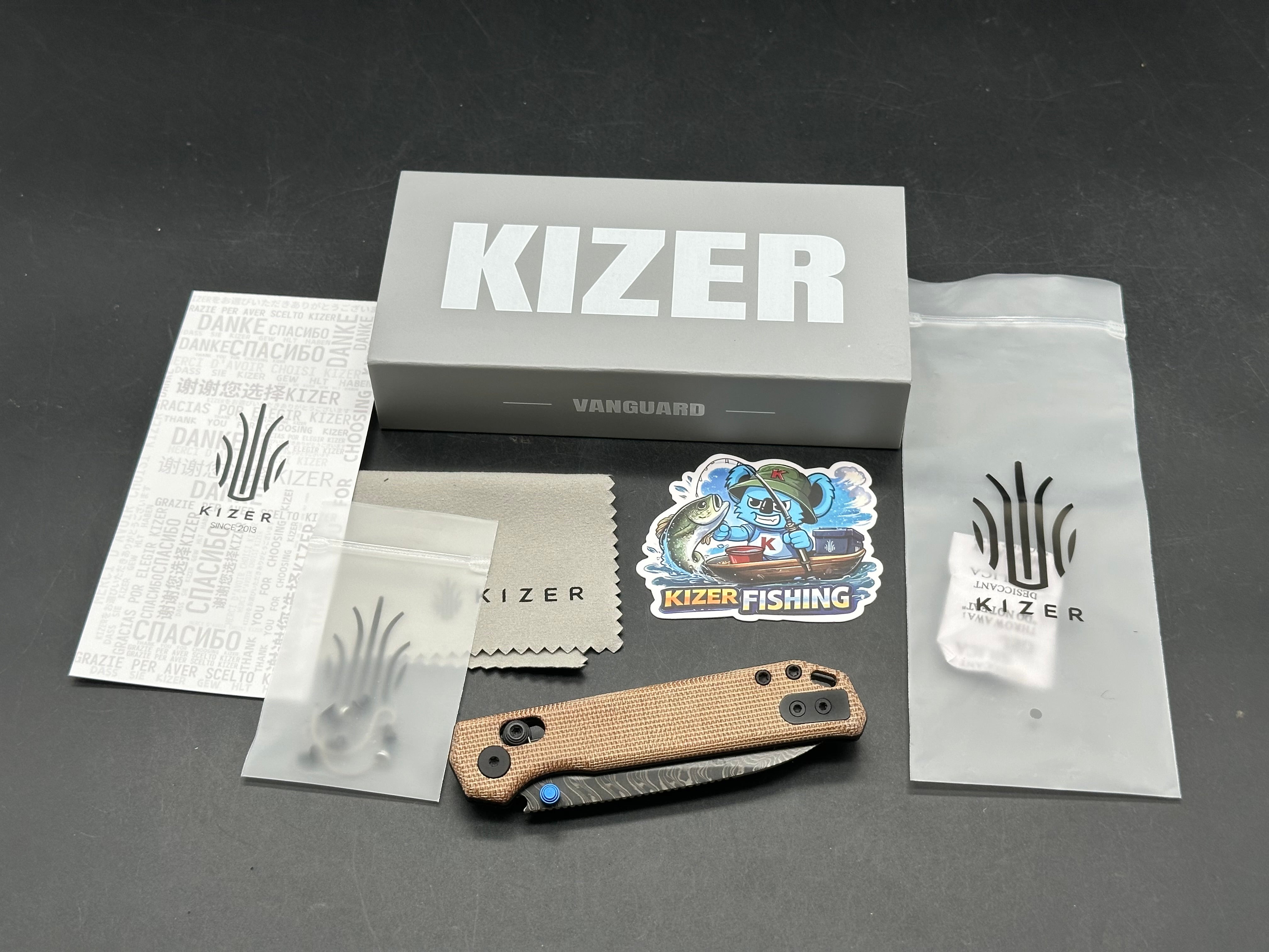 KIZER BEGLEITER 2.9 BROWN MICARTA HANDLE DAMASCUS ACID WASH FINISH