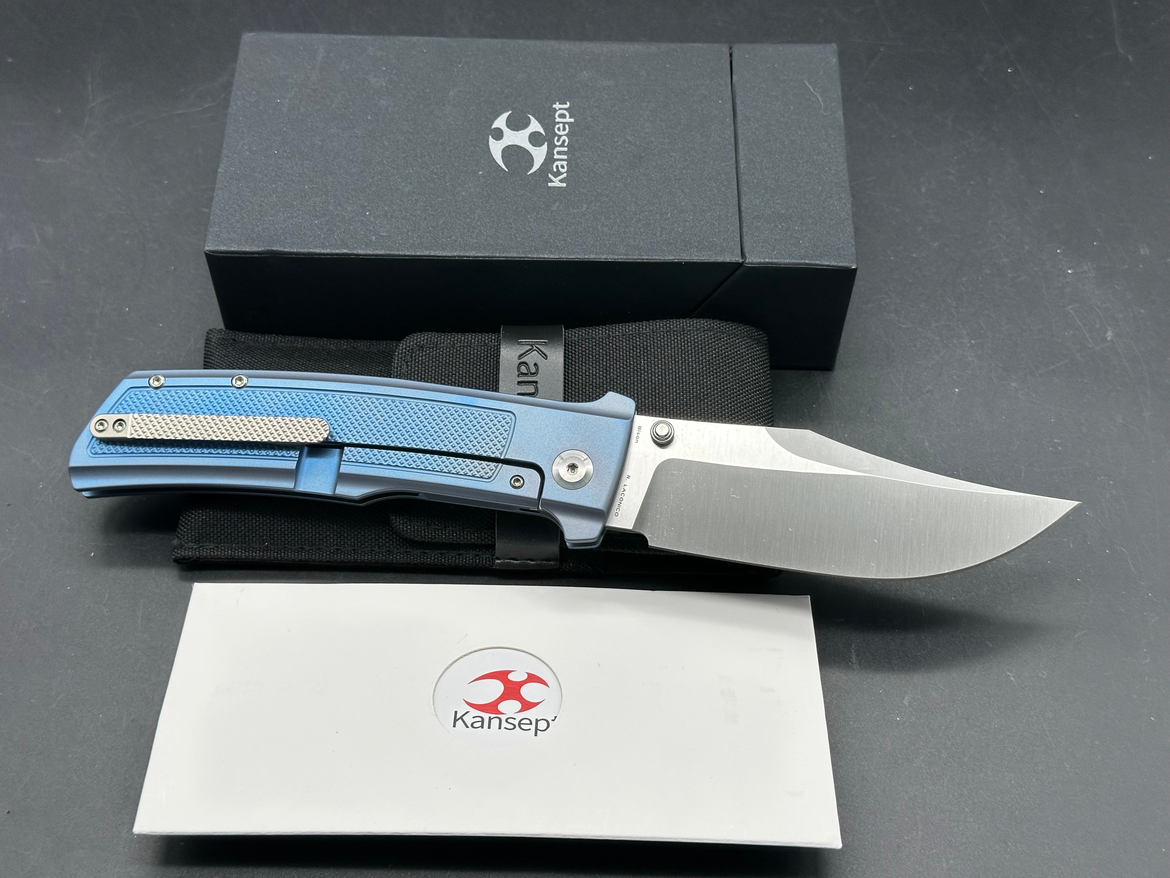 KANSEPT BISON FOLDING KNIFE BLUE TITANIUM HANDLE S35VN PLAIN EDGE SATIN FINISH