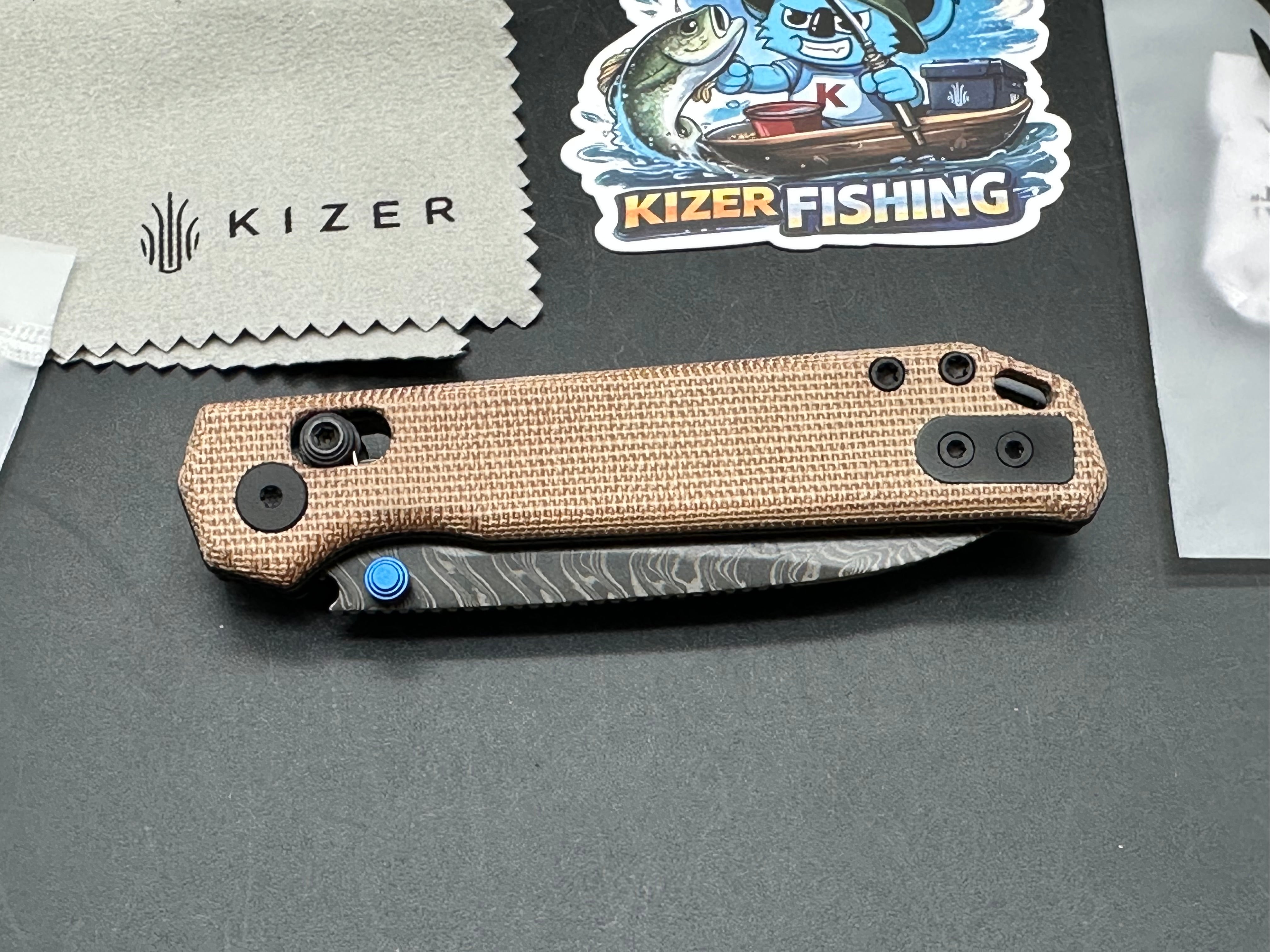KIZER BEGLEITER 2.9 BROWN MICARTA HANDLE DAMASCUS ACID WASH FINISH