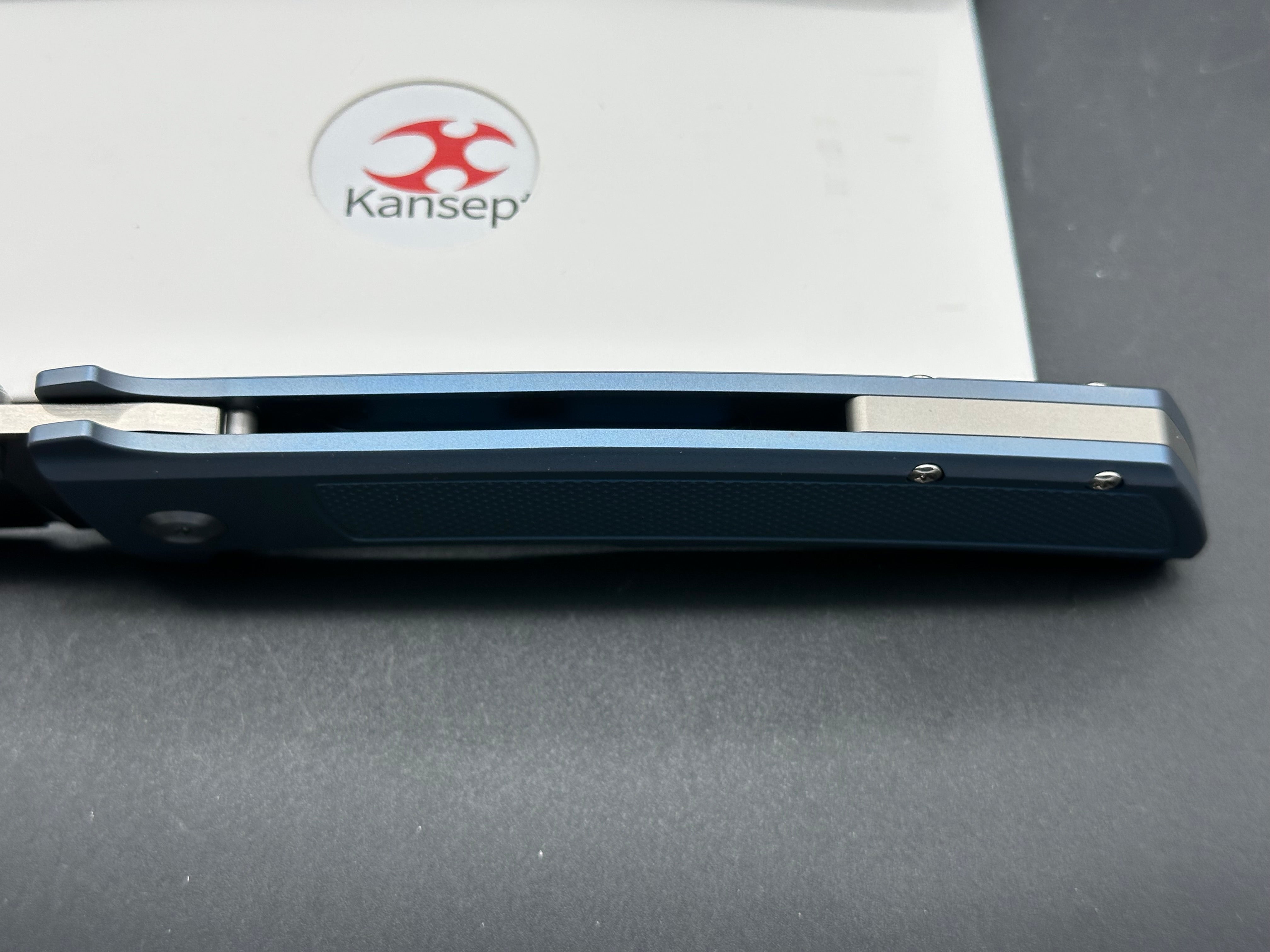 KANSEPT BISON FOLDING KNIFE BLUE TITANIUM HANDLE S35VN PLAIN EDGE SATIN FINISH