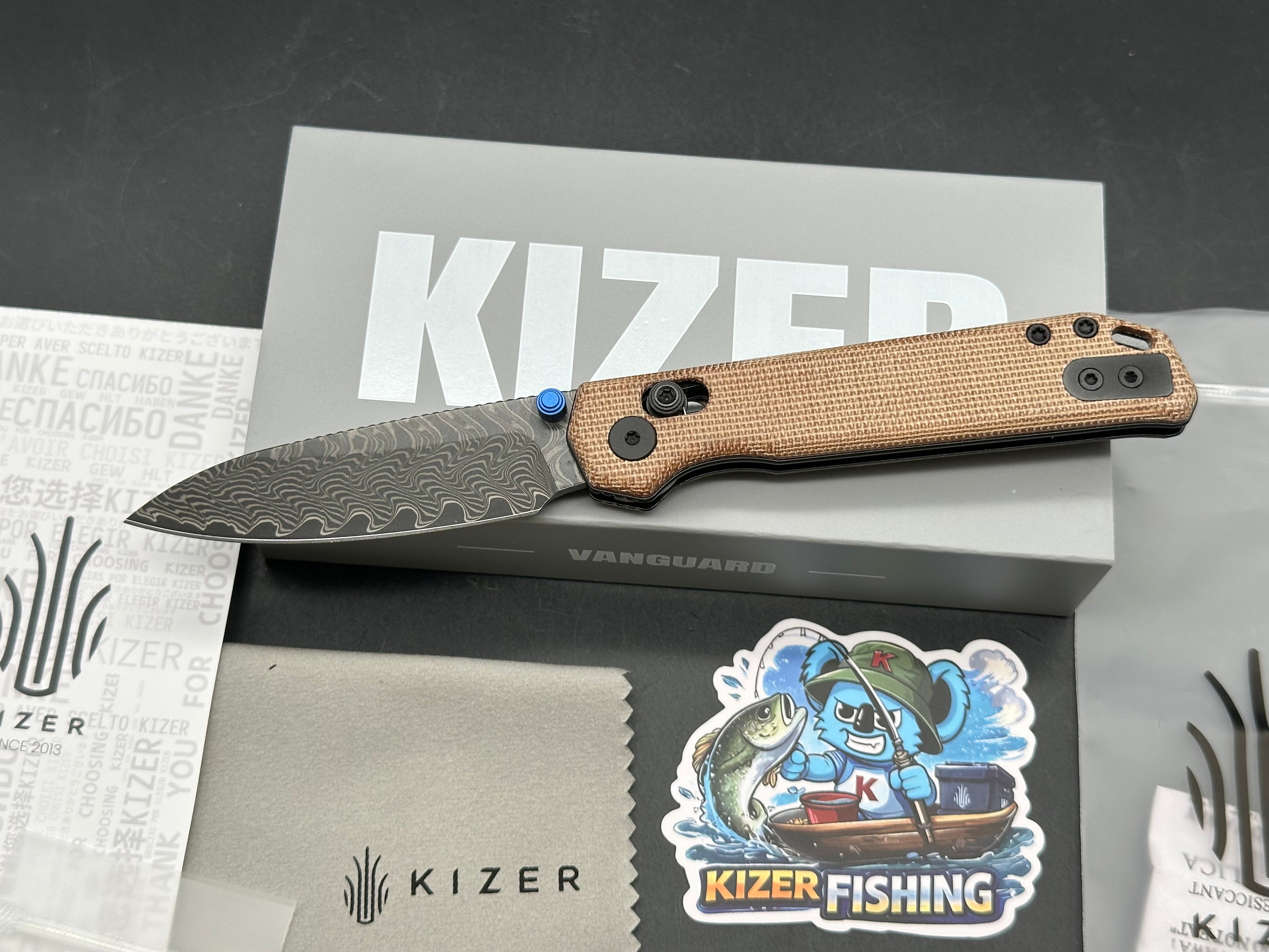 KIZER BEGLEITER 2.9 BROWN MICARTA HANDLE DAMASCUS ACID WASH FINISH