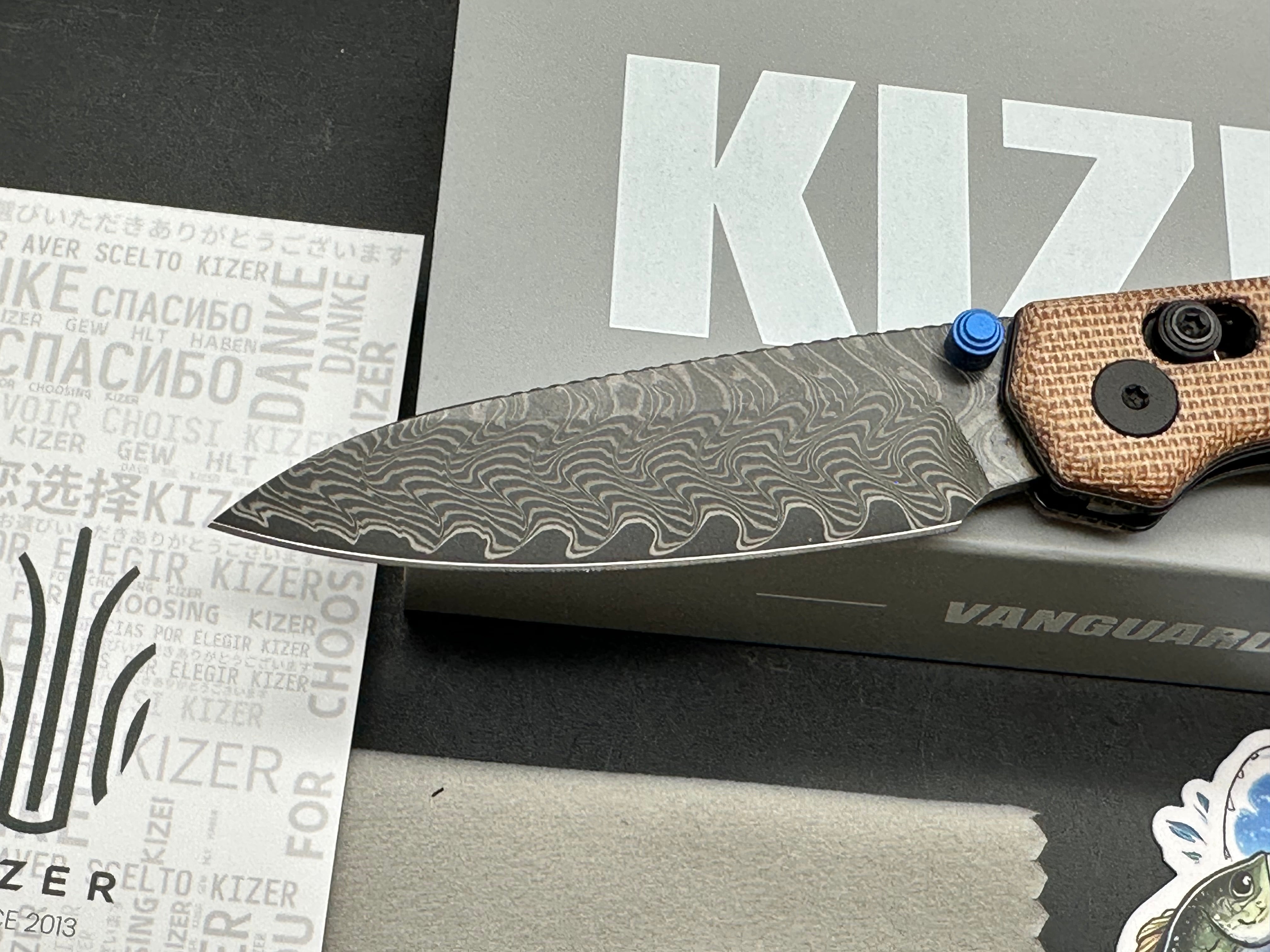 KIZER BEGLEITER 2.9 BROWN MICARTA HANDLE DAMASCUS ACID WASH FINISH