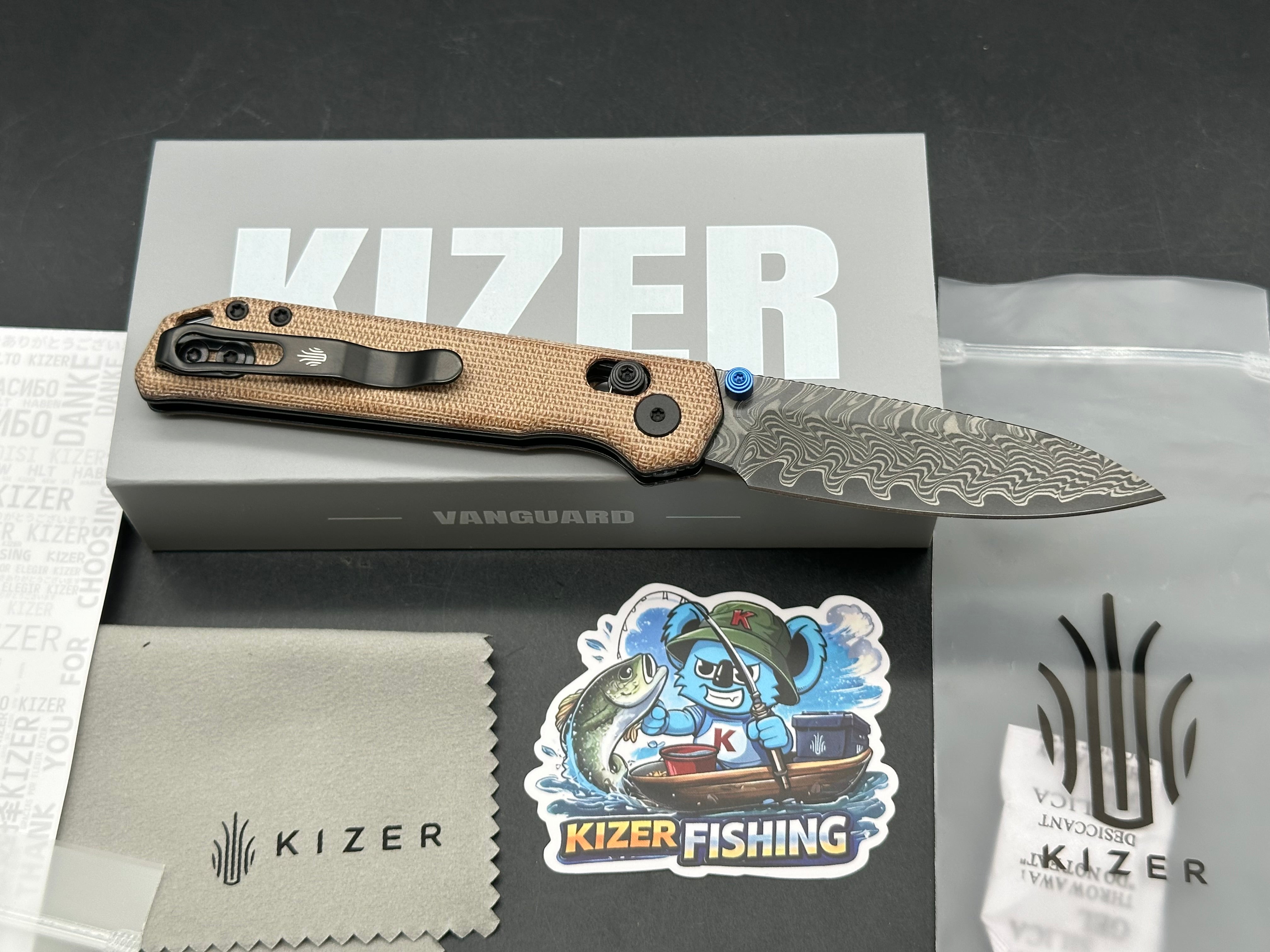 KIZER BEGLEITER 2.9 BROWN MICARTA HANDLE DAMASCUS ACID WASH FINISH