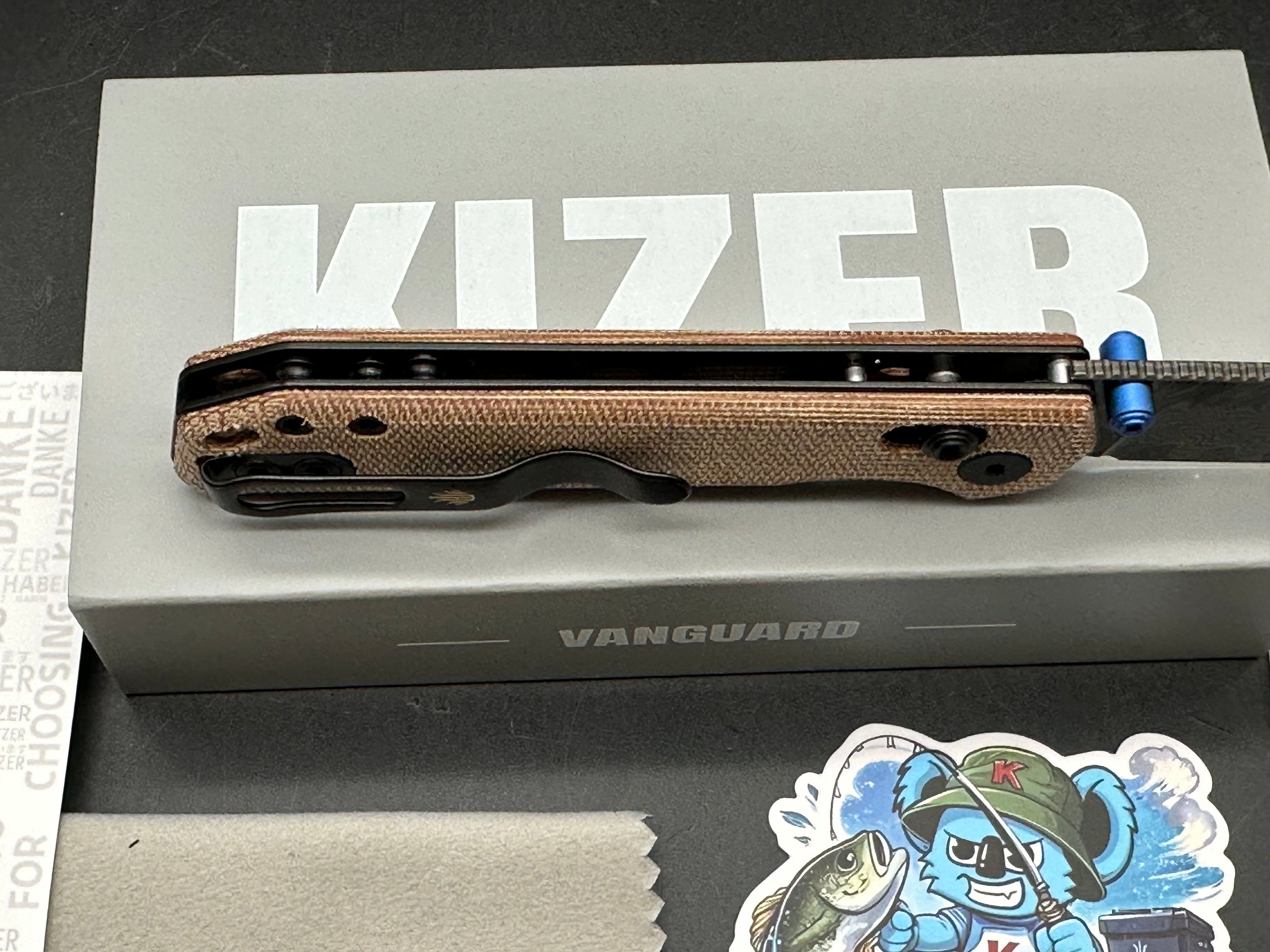 KIZER BEGLEITER 2.9 BROWN MICARTA HANDLE DAMASCUS ACID WASH FINISH