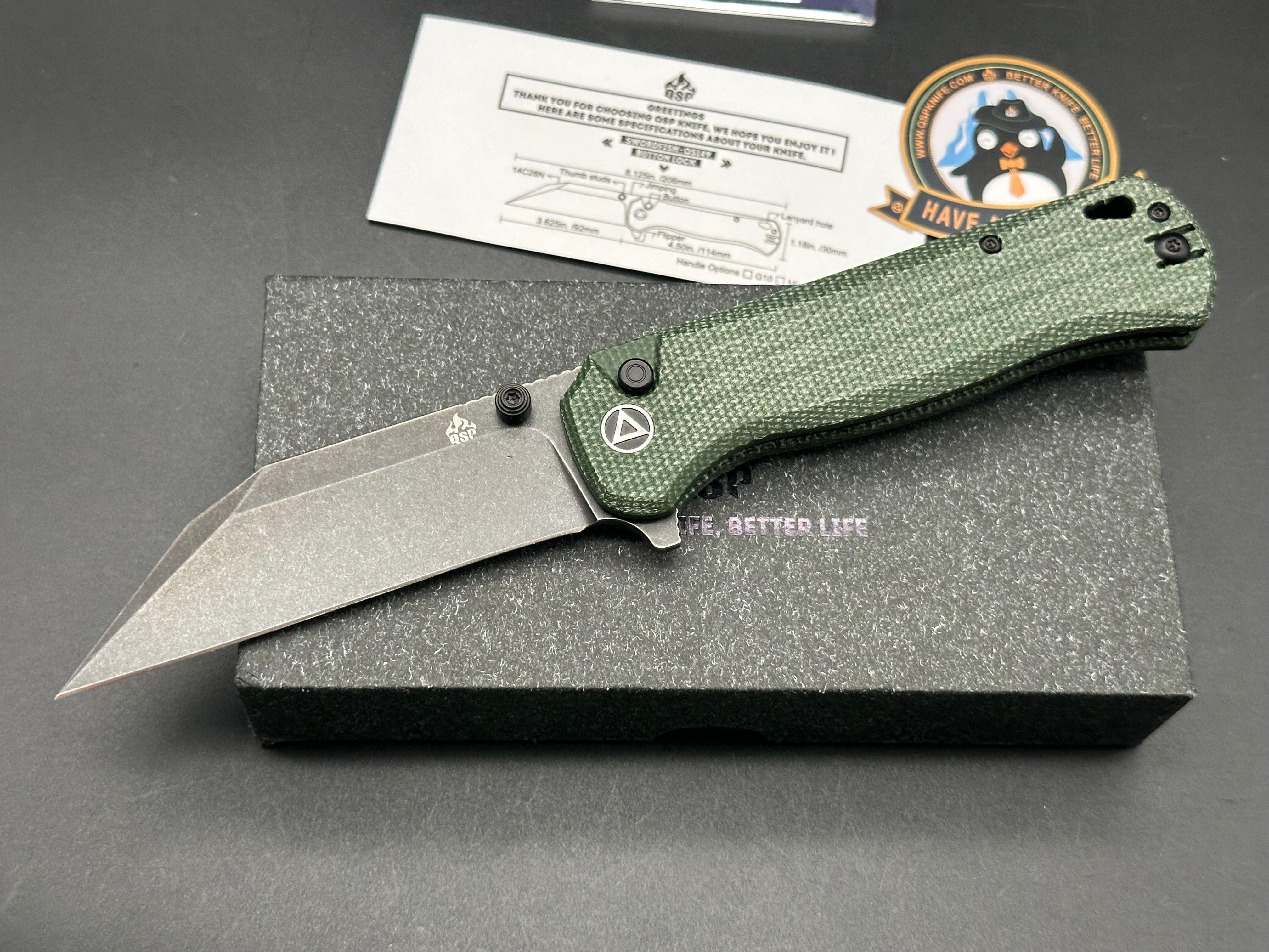 QSP SWORDFISH FOLDING KNIFE GREEN MICARTA HANDLE 14C28N PLAIN EDGE BLACK STONEWASH FINISH QS149-B2
