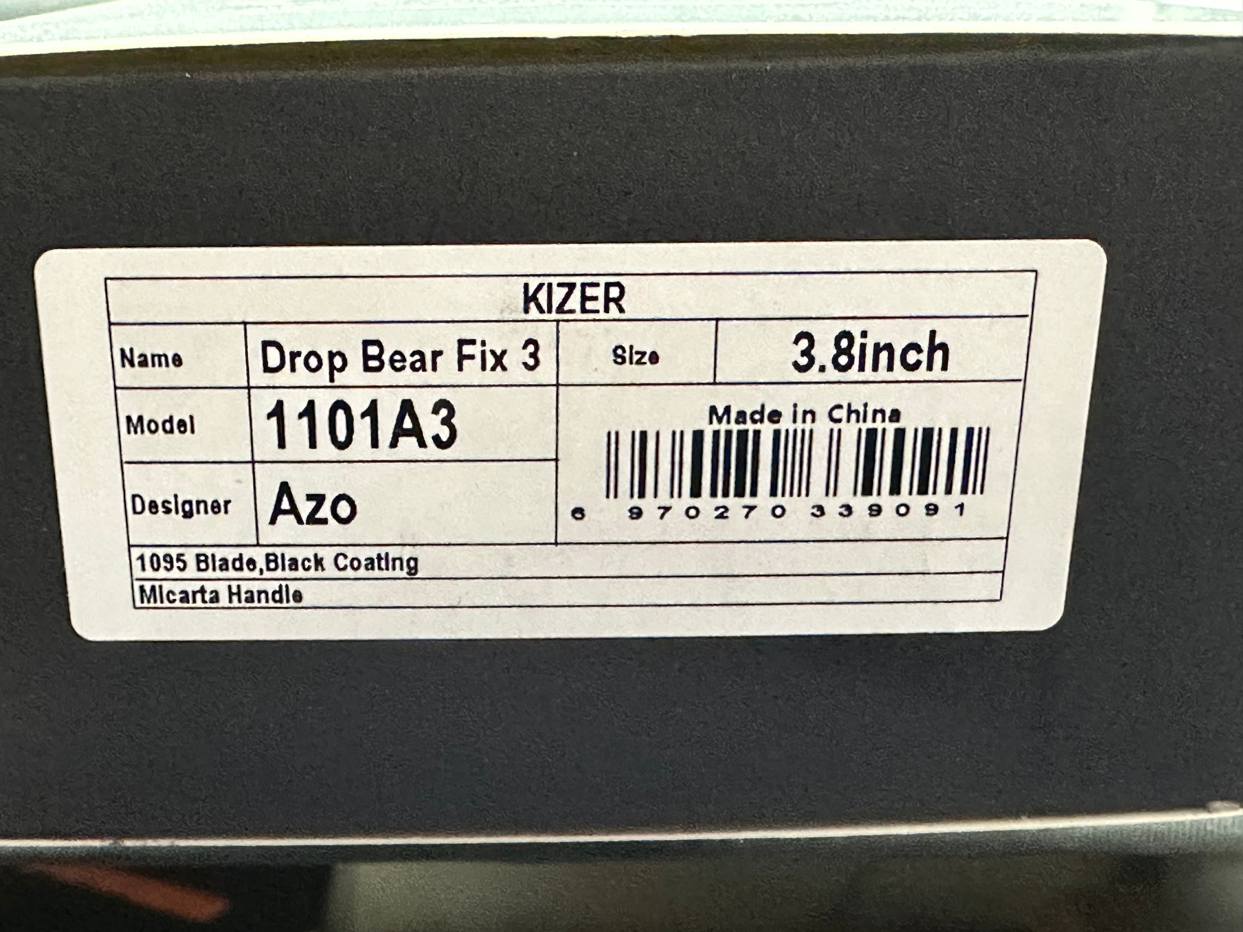 KIZER DROP BEAR FIX 3 FIXED BLADE KNIFE BLACK MICARTA HANDLE 1095 DROP POINT PLAIN BLACK BLADE