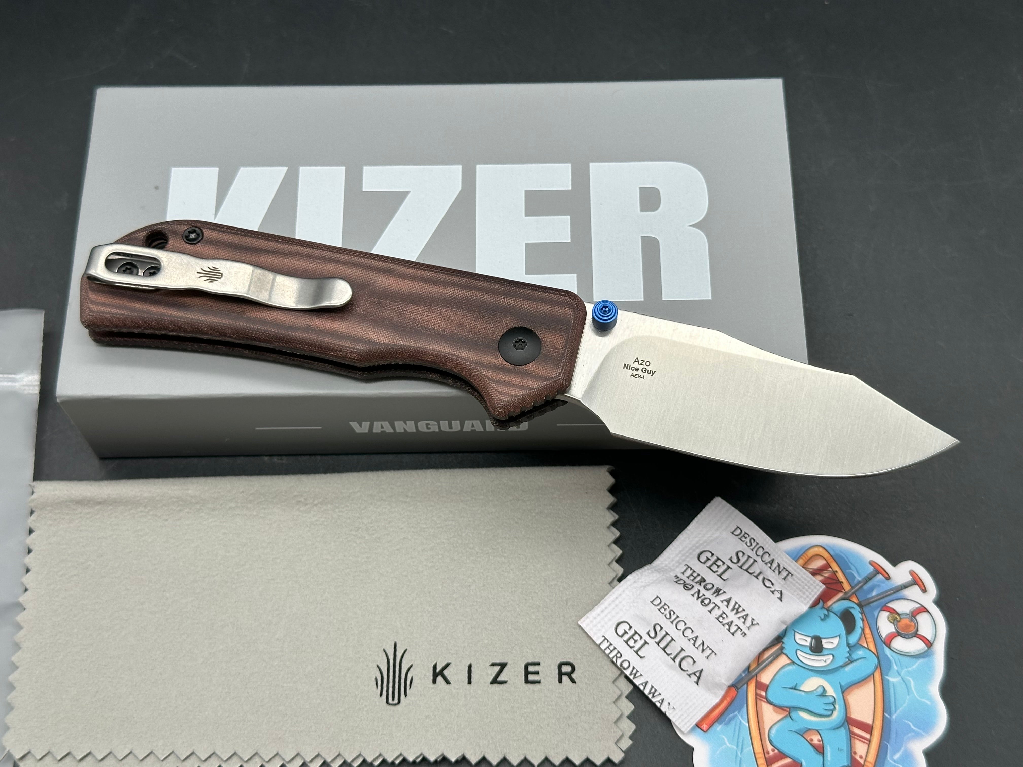 KIZER NICE GUY BROWN MADDER MICARTA HANDLE AEB-L CLIP POINT PLAIN EDGE
