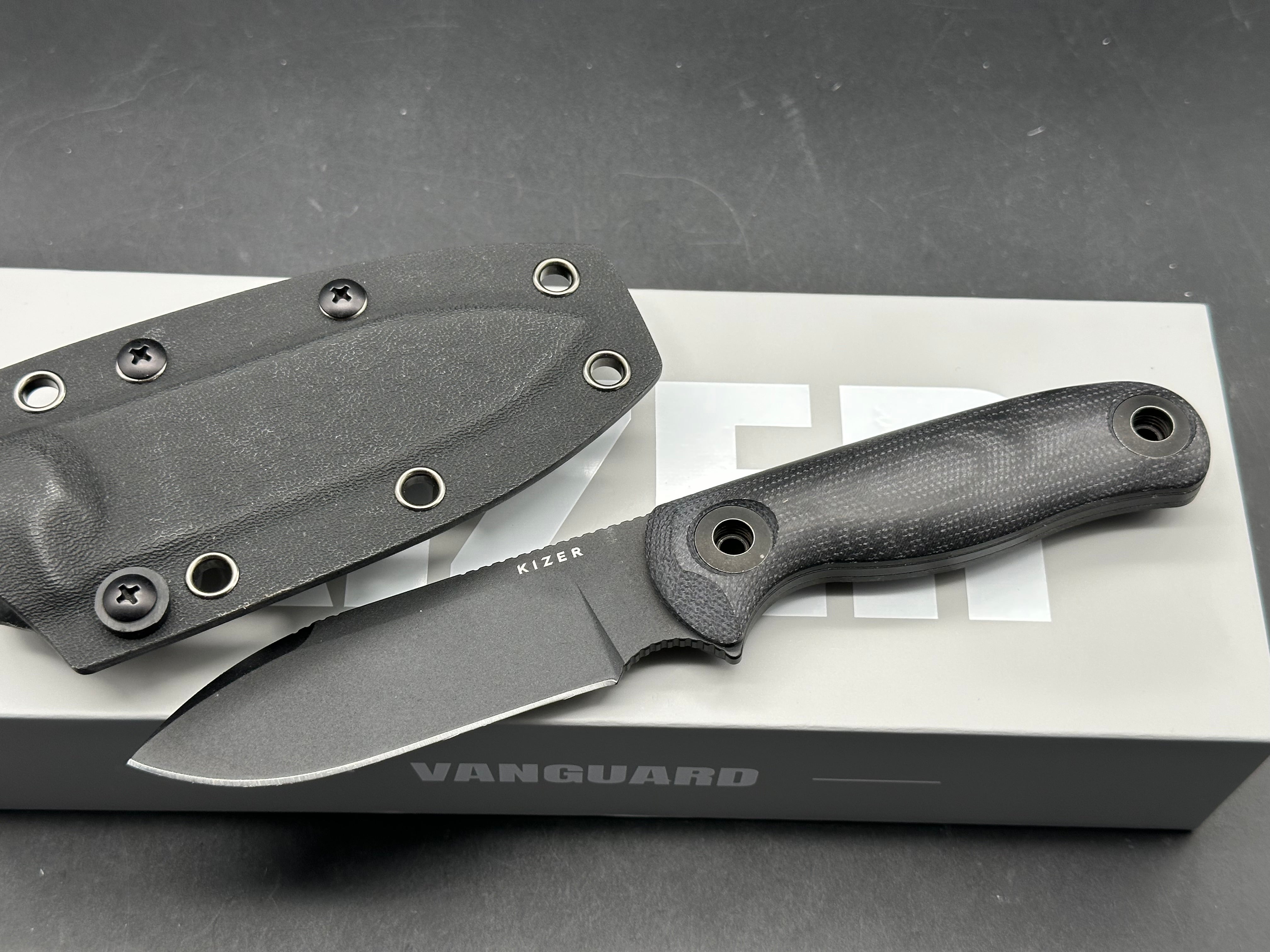 KIZER DROP BEAR FIX 3 FIXED BLADE KNIFE BLACK MICARTA HANDLE 1095 DROP POINT PLAIN BLACK BLADE