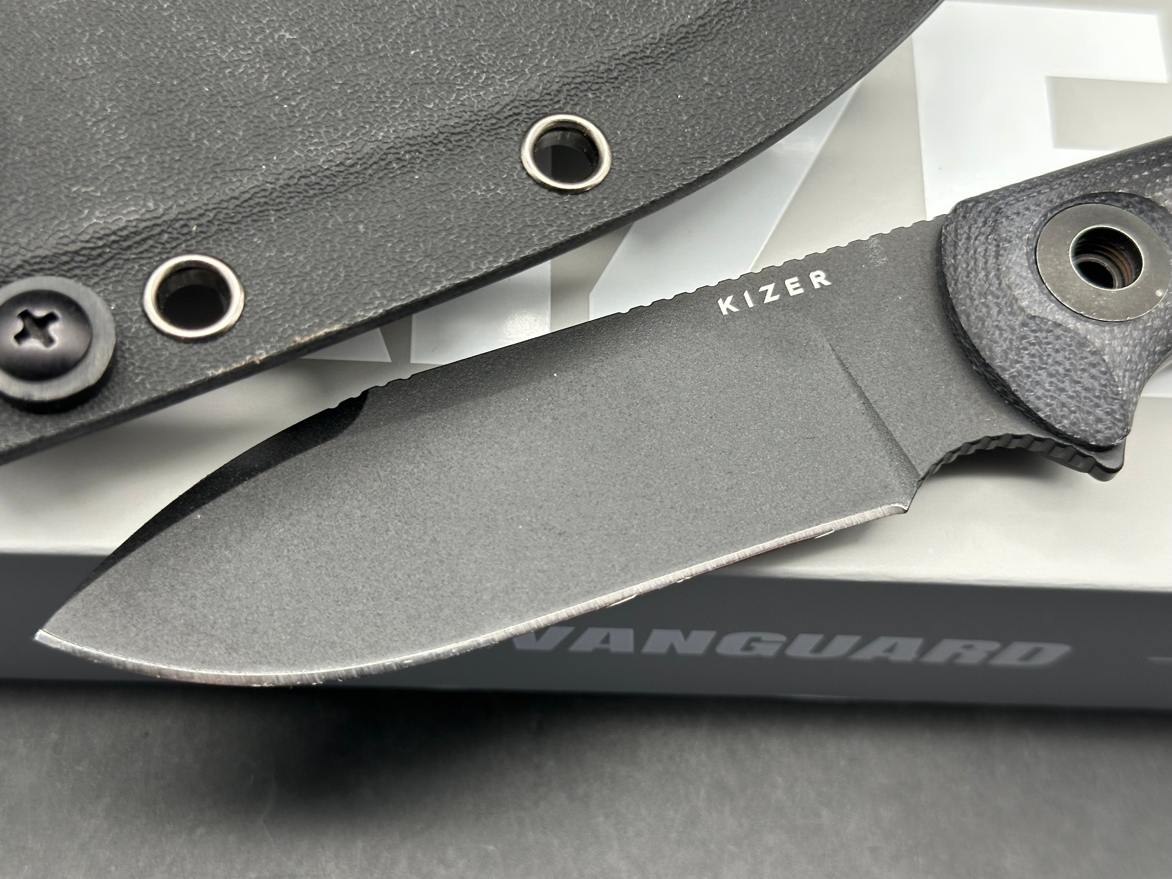 KIZER DROP BEAR FIX 3 FIXED BLADE KNIFE BLACK MICARTA HANDLE 1095 DROP POINT PLAIN BLACK BLADE