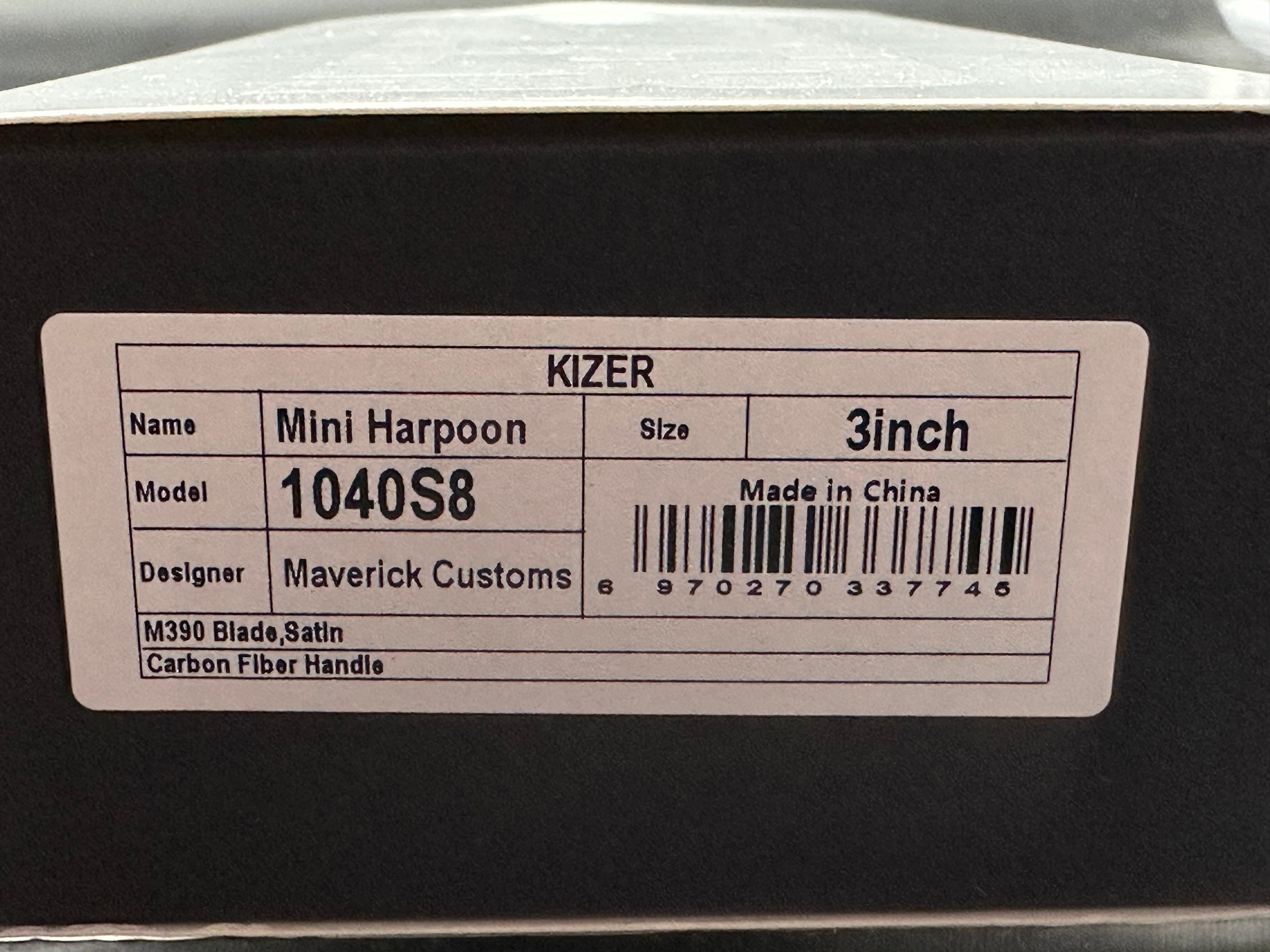 KIZER MINI HARPOON FIXED BLADE KNIFE BLACK CARBON FIBER HANDLE M390 DROP POINT PLAIN EDGE SATIN FINISH